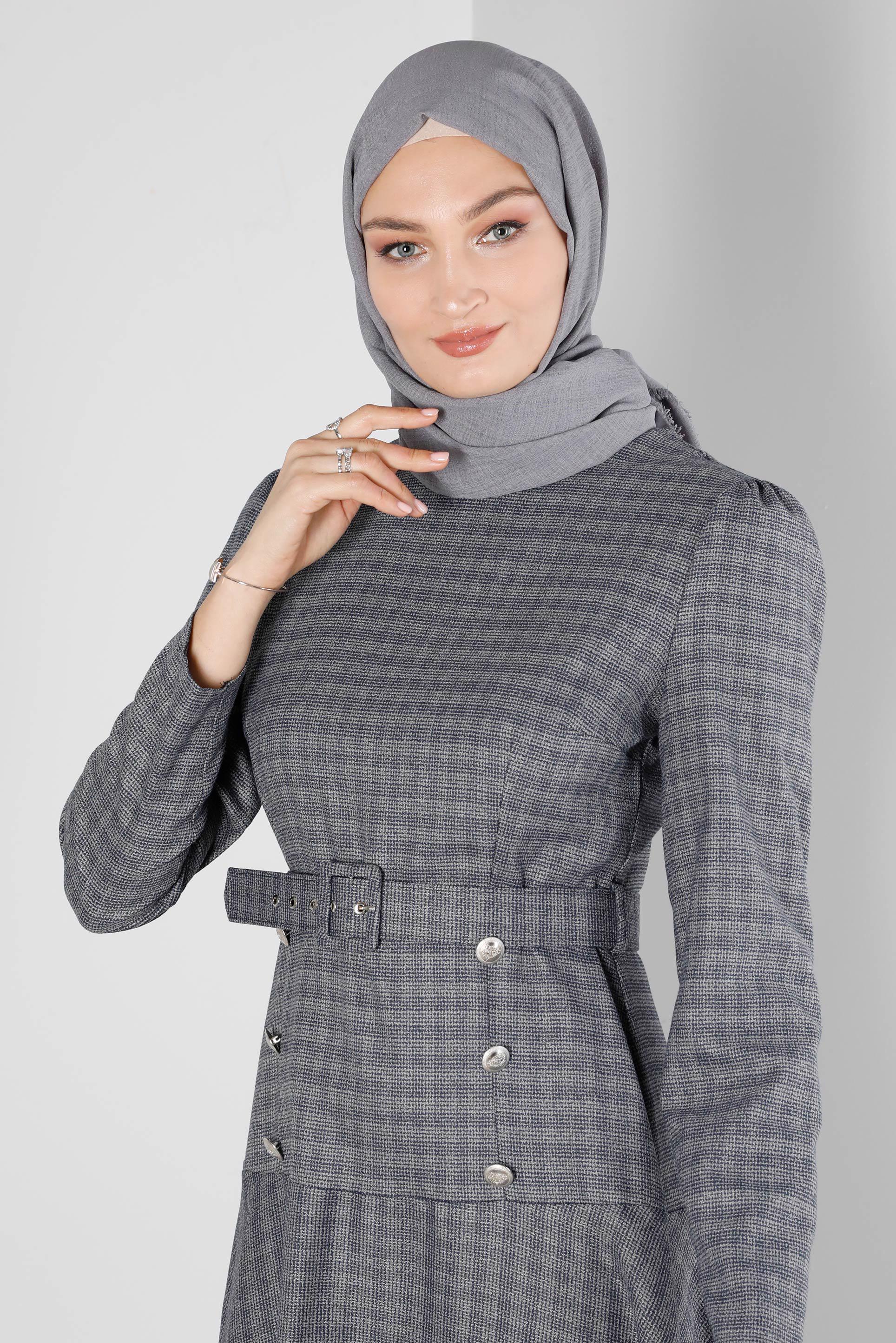 Tesettür giyim LACİVERT KEMERLİ EKOSE ELBİSE 43302 