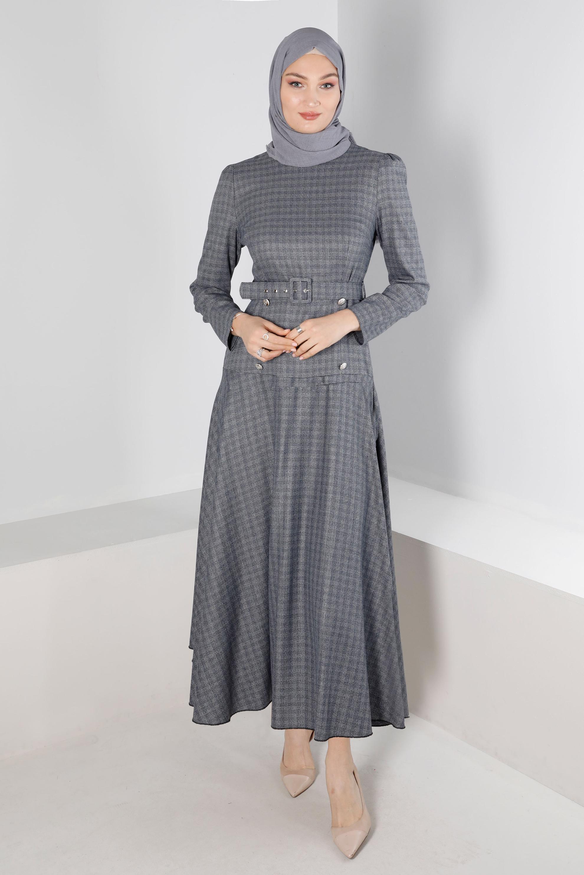 Tesettür giyim LACİVERT KEMERLİ EKOSE ELBİSE 43302 