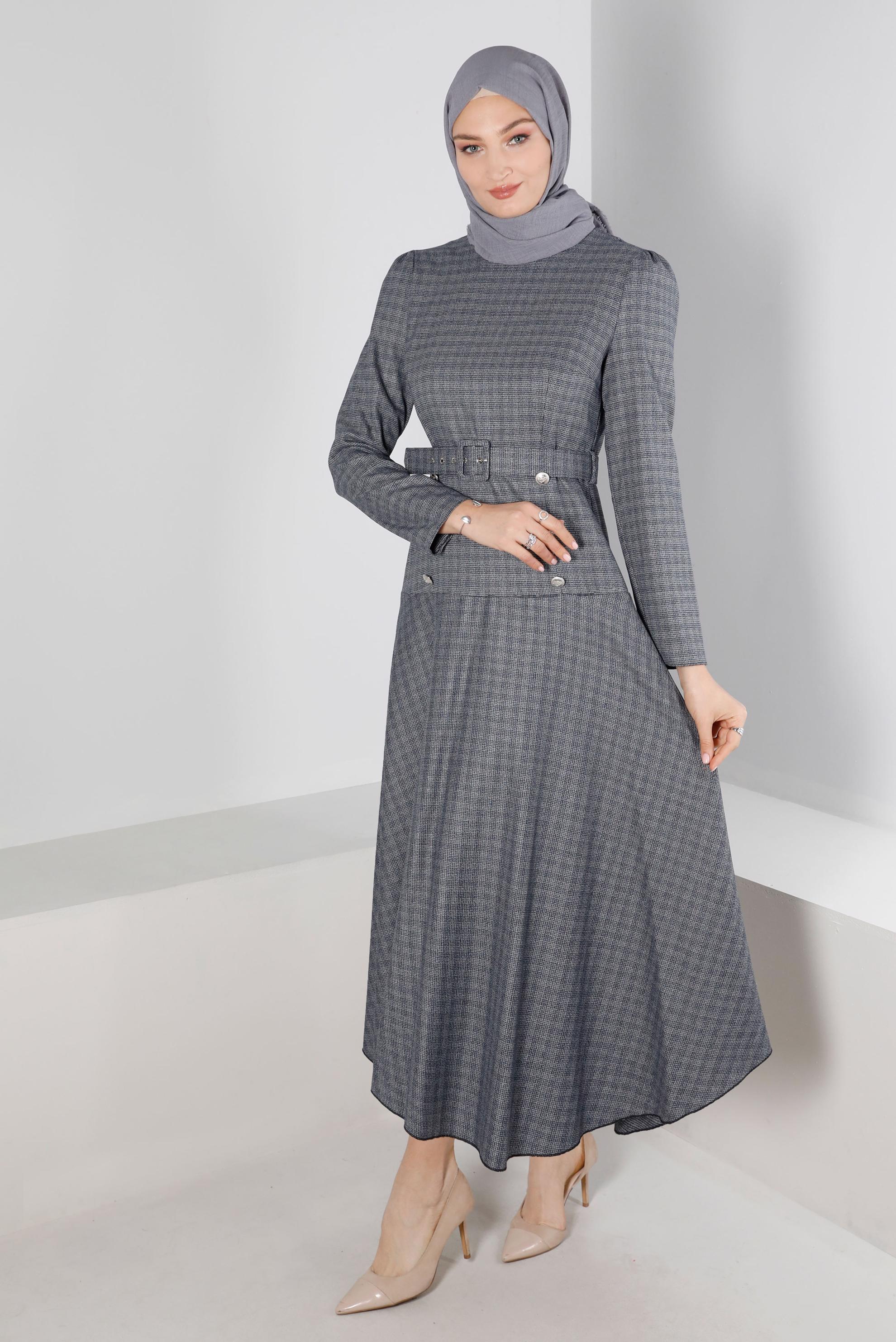 Tesettür giyim LACİVERT KEMERLİ EKOSE ELBİSE 43302 