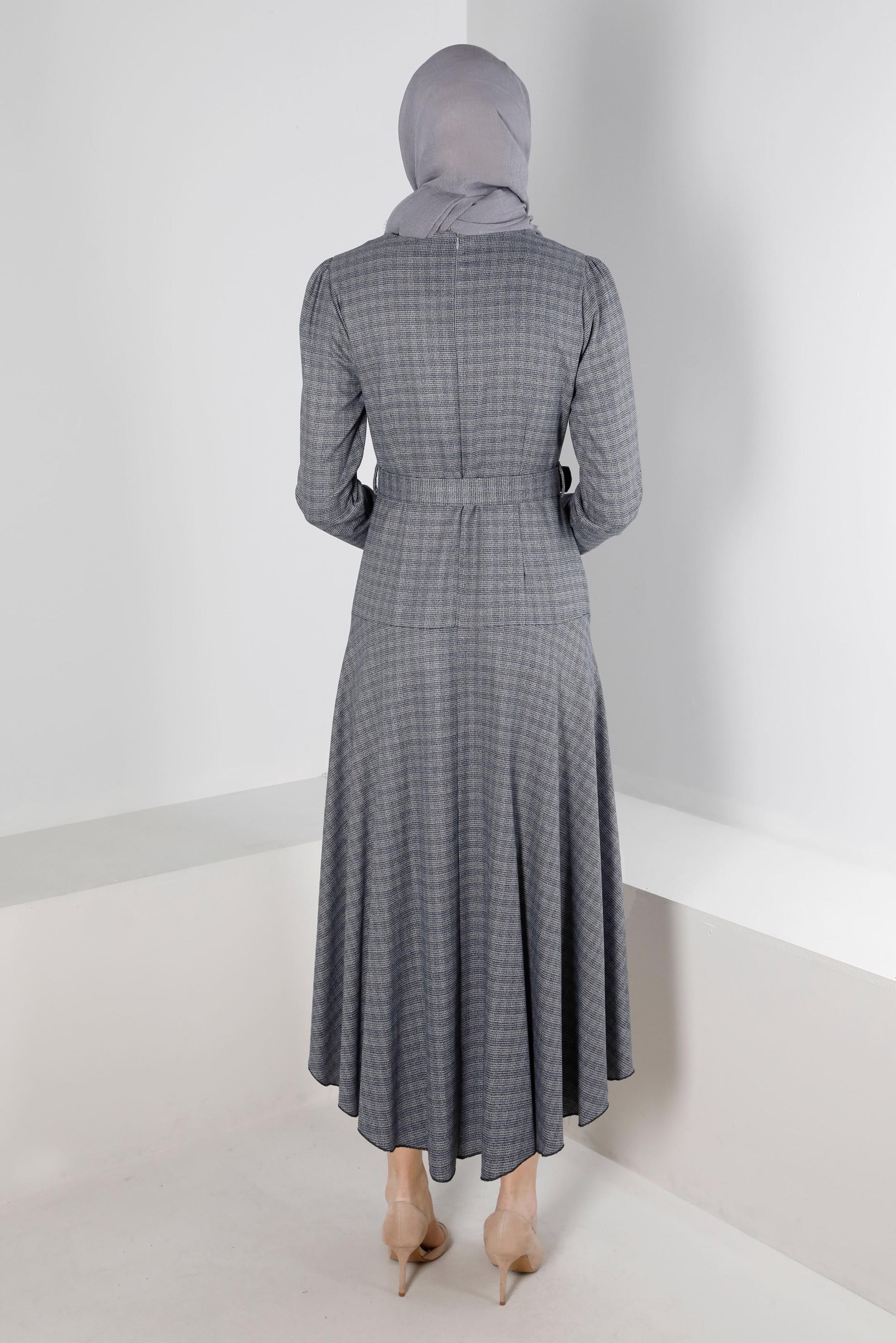 Tesettür giyim LACİVERT KEMERLİ EKOSE ELBİSE 43302 