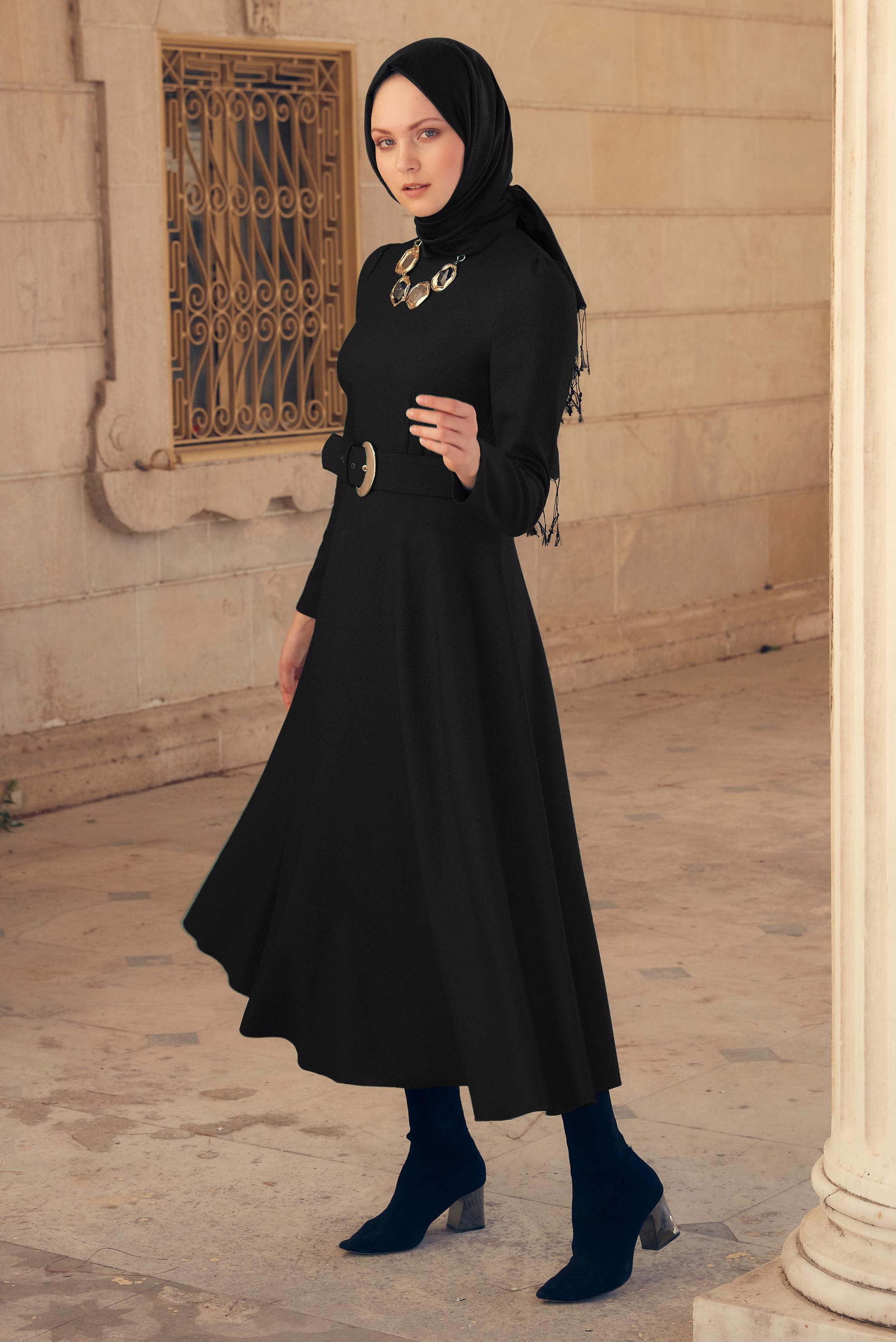 Tesettür giyim SİYAH KEMERLİ KLOŞ ELBİSE 43316 