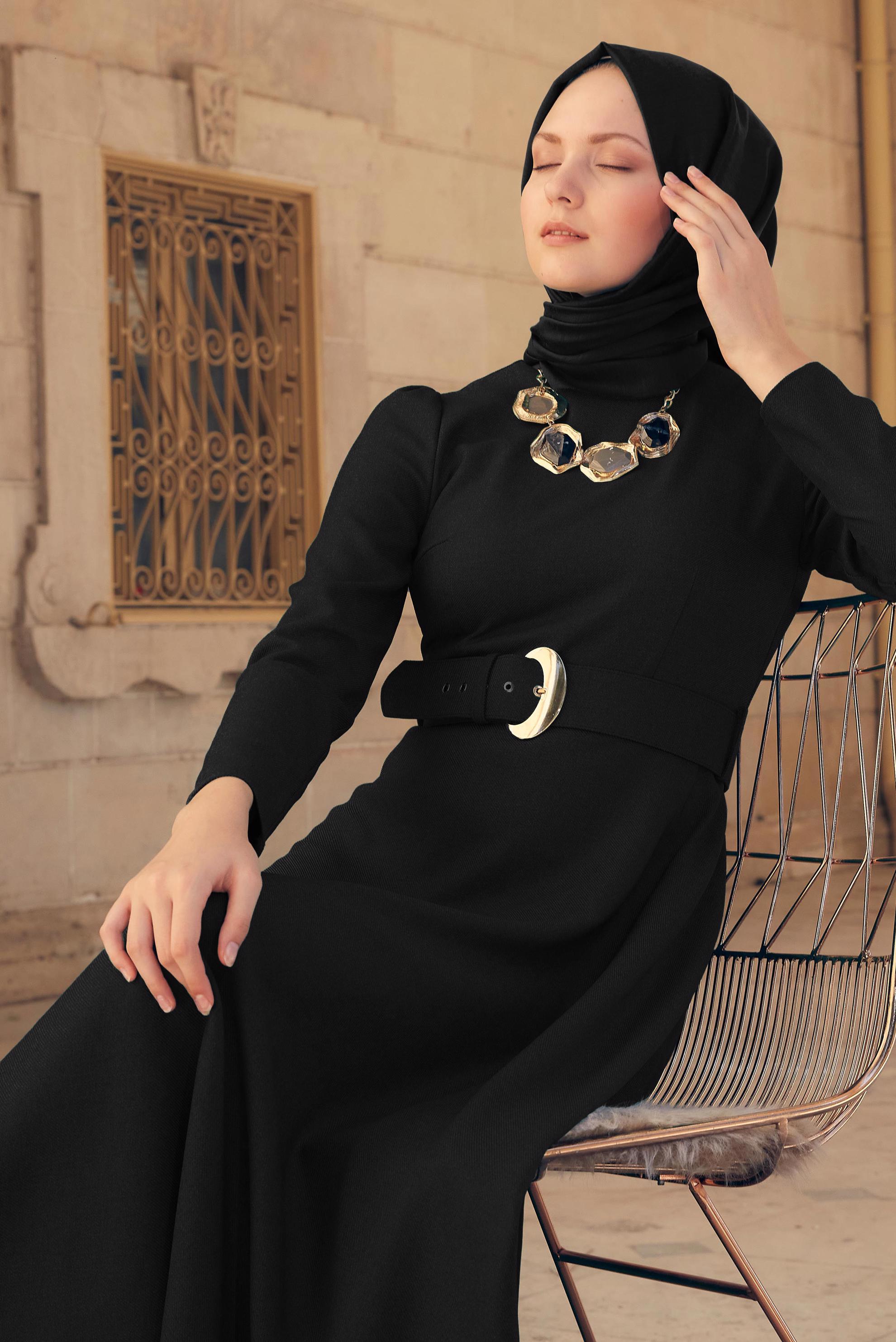 Tesettür giyim SİYAH KEMERLİ KLOŞ ELBİSE 43316 