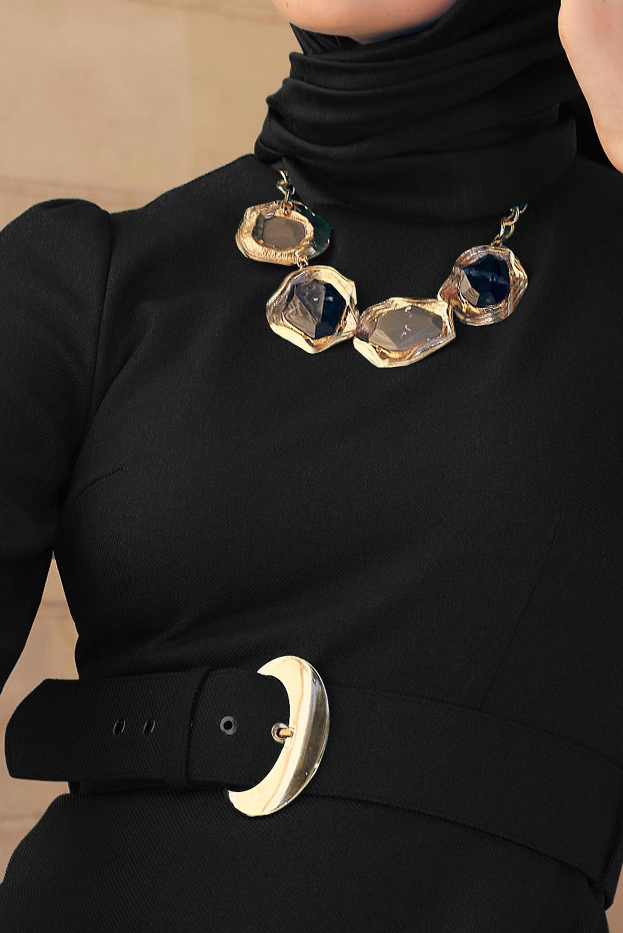 Tesettür giyim SİYAH KEMERLİ KLOŞ ELBİSE 43316 