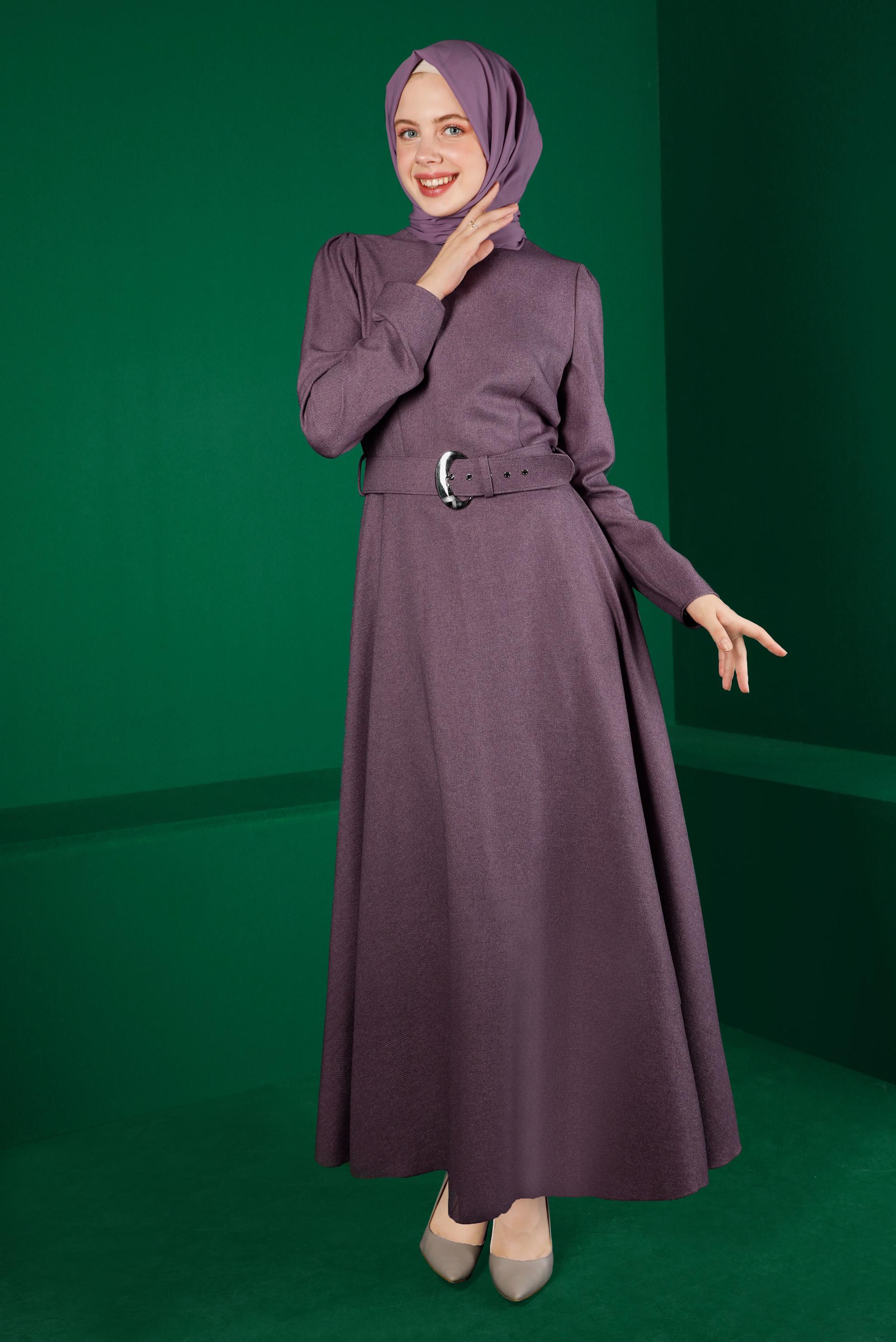 Tesettür giyim MOR KEMERLİ KLOŞ ELBİSE 43316 