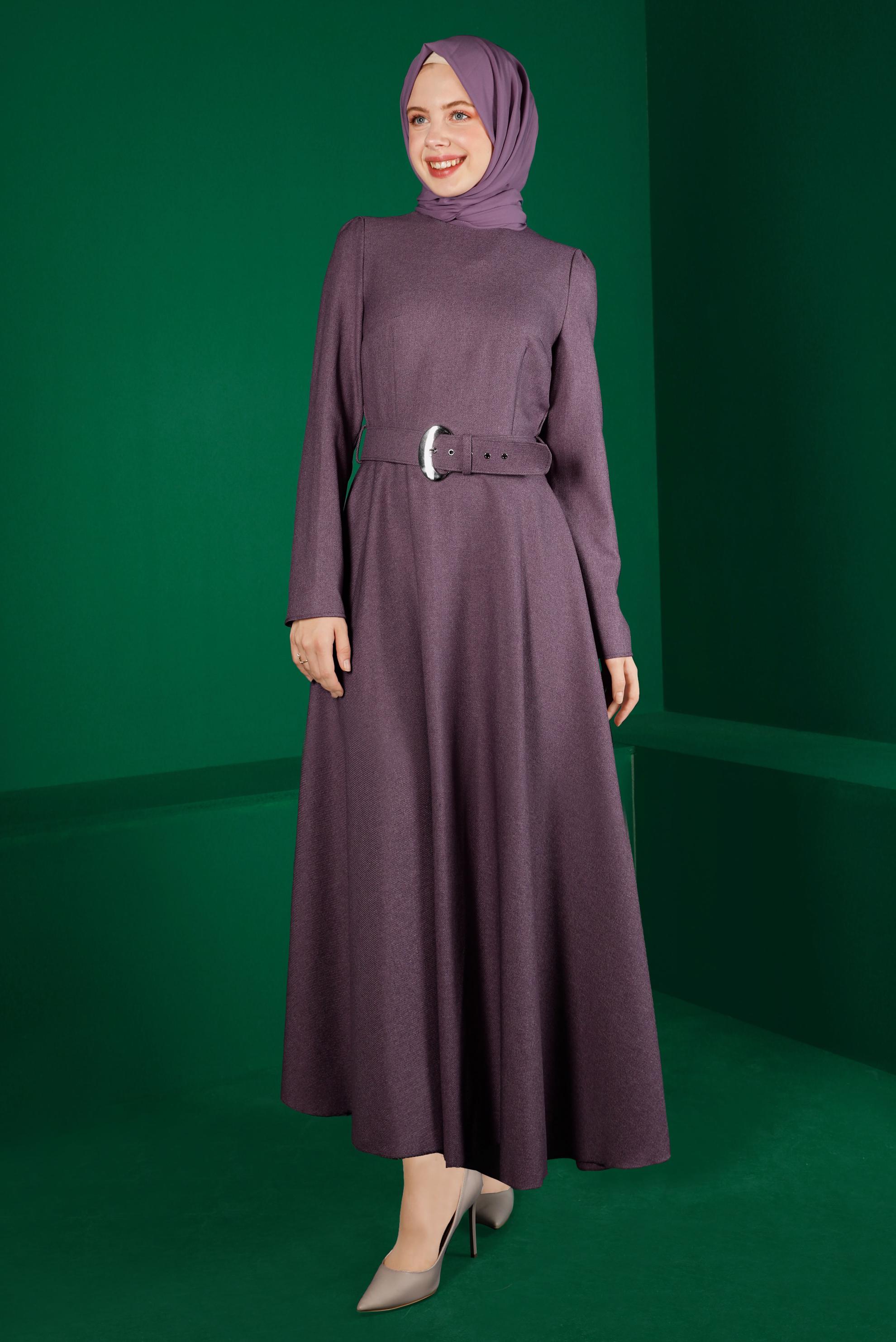 Tesettür giyim MOR KEMERLİ KLOŞ ELBİSE 43316 