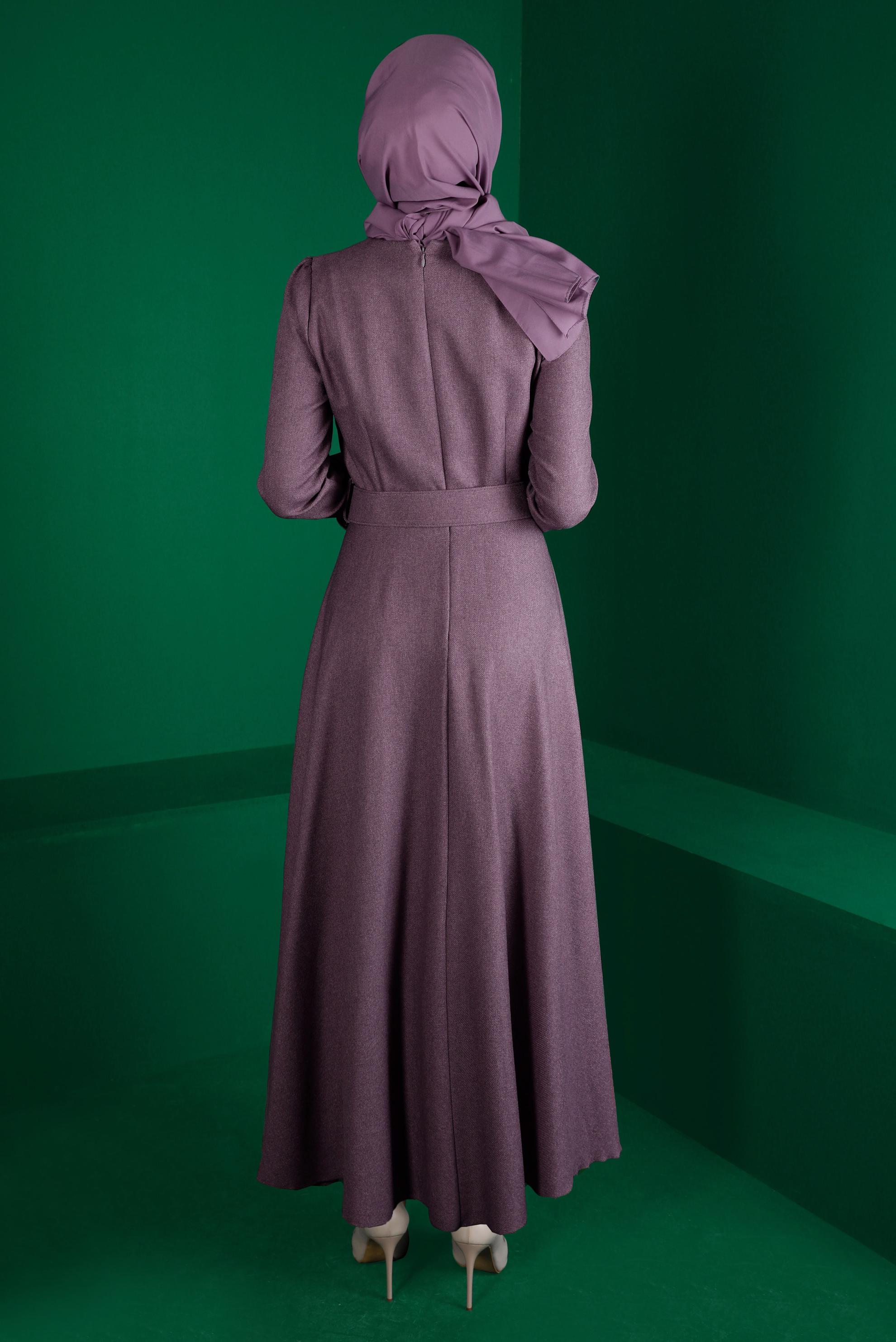 Tesettür giyim MOR KEMERLİ KLOŞ ELBİSE 43316 