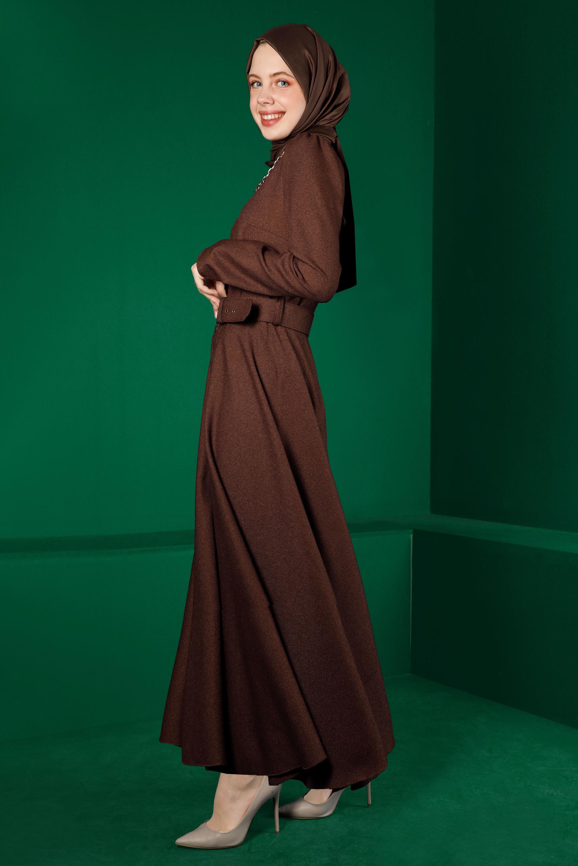 Tesettür giyim KAHVE KEMERLİ KLOŞ ELBİSE 43316 