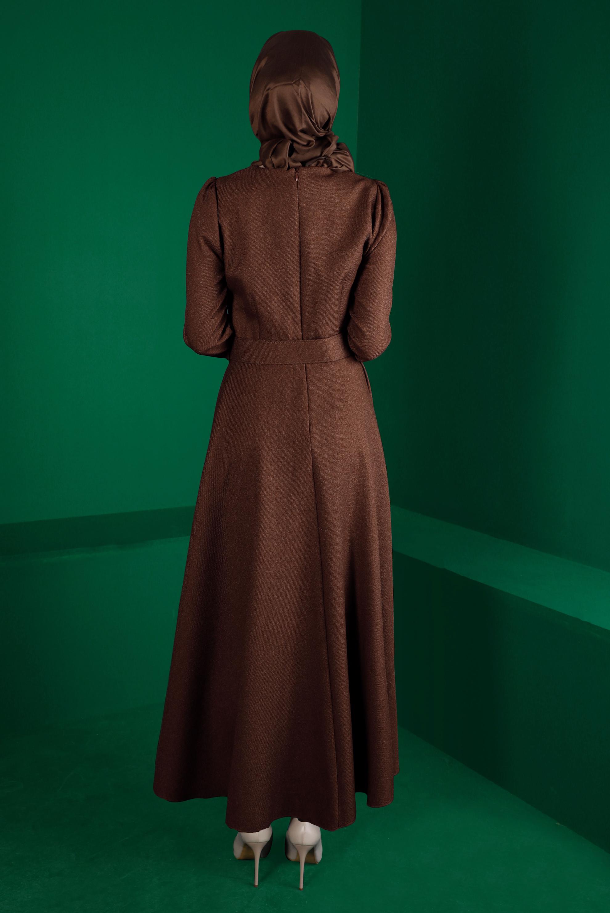 Tesettür giyim KAHVE KEMERLİ KLOŞ ELBİSE 43316 