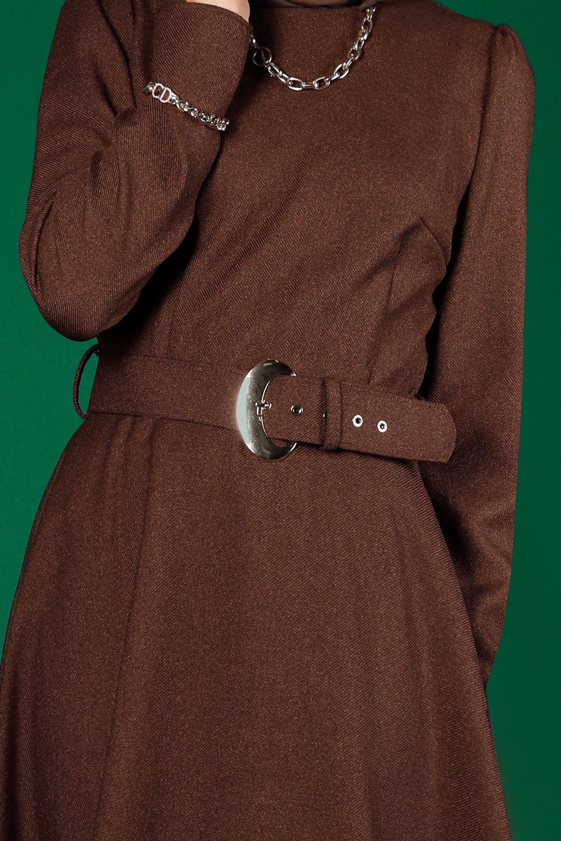 Tesettür giyim KAHVE KEMERLİ KLOŞ ELBİSE 43316 