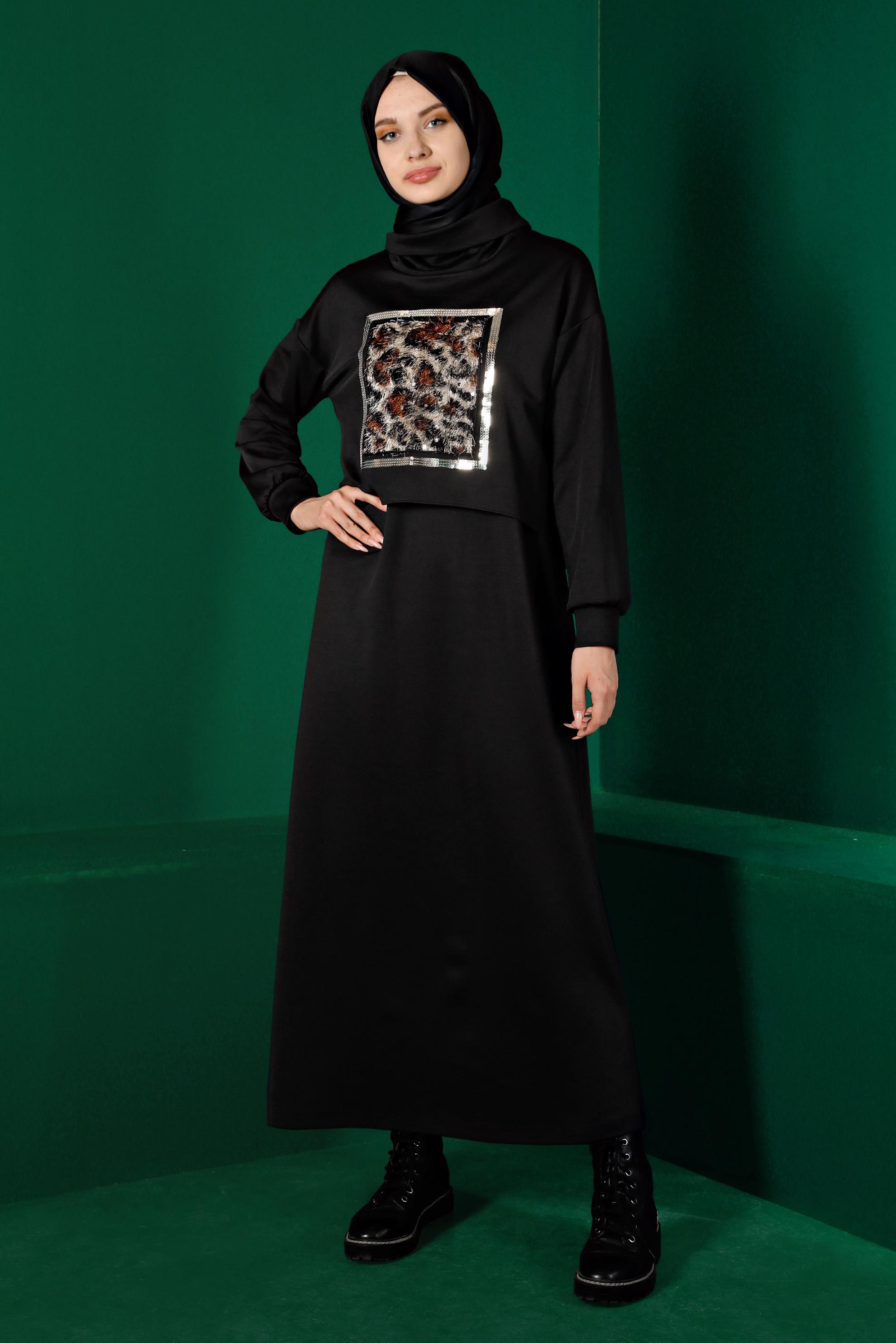Hijab clothing BLACK LEOPARD PATTERN DETAIL 2-PIECE DRESS SUIT 43319