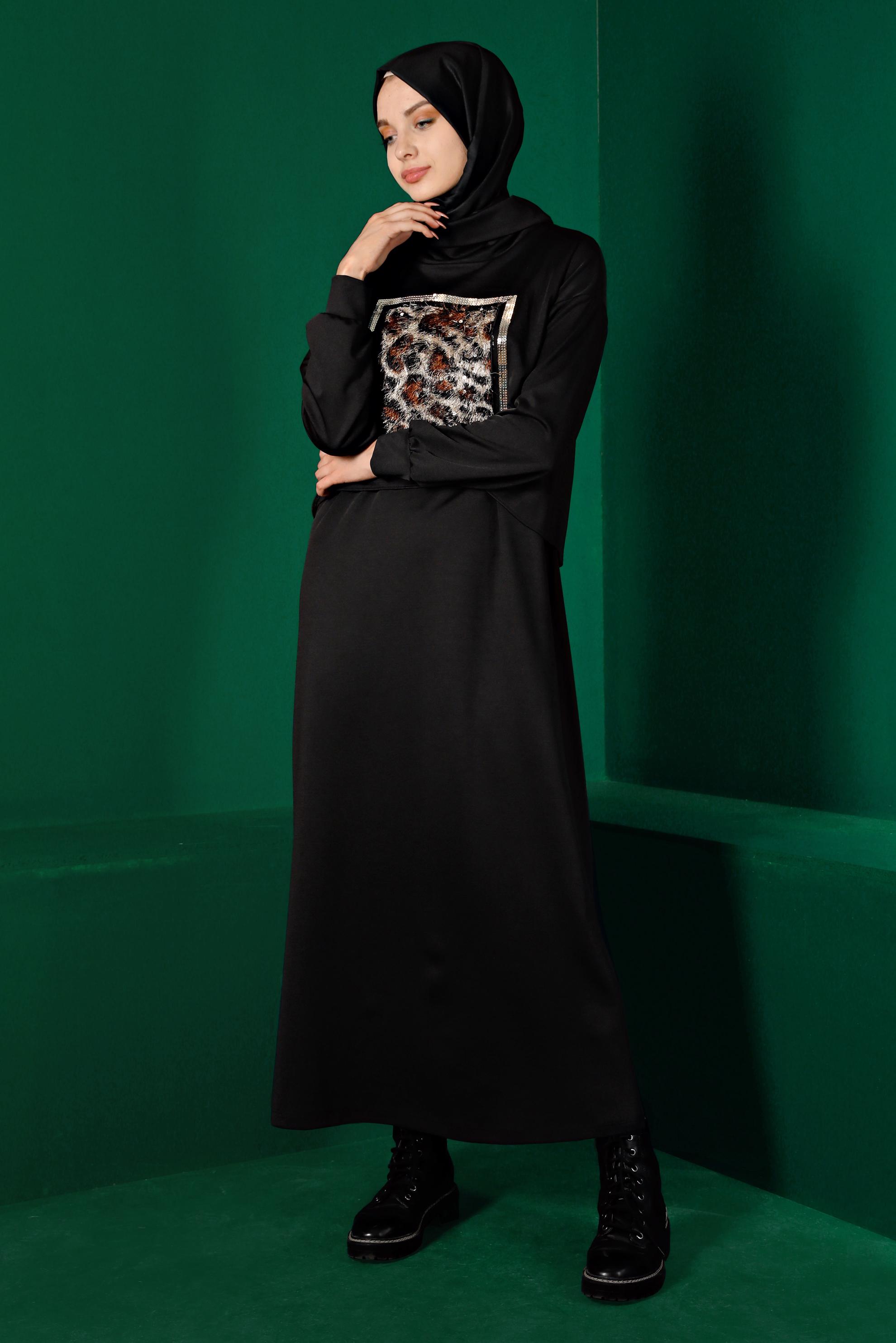 Hijab clothing BLACK LEOPARD PATTERN DETAIL 2-PIECE DRESS SUIT 43319