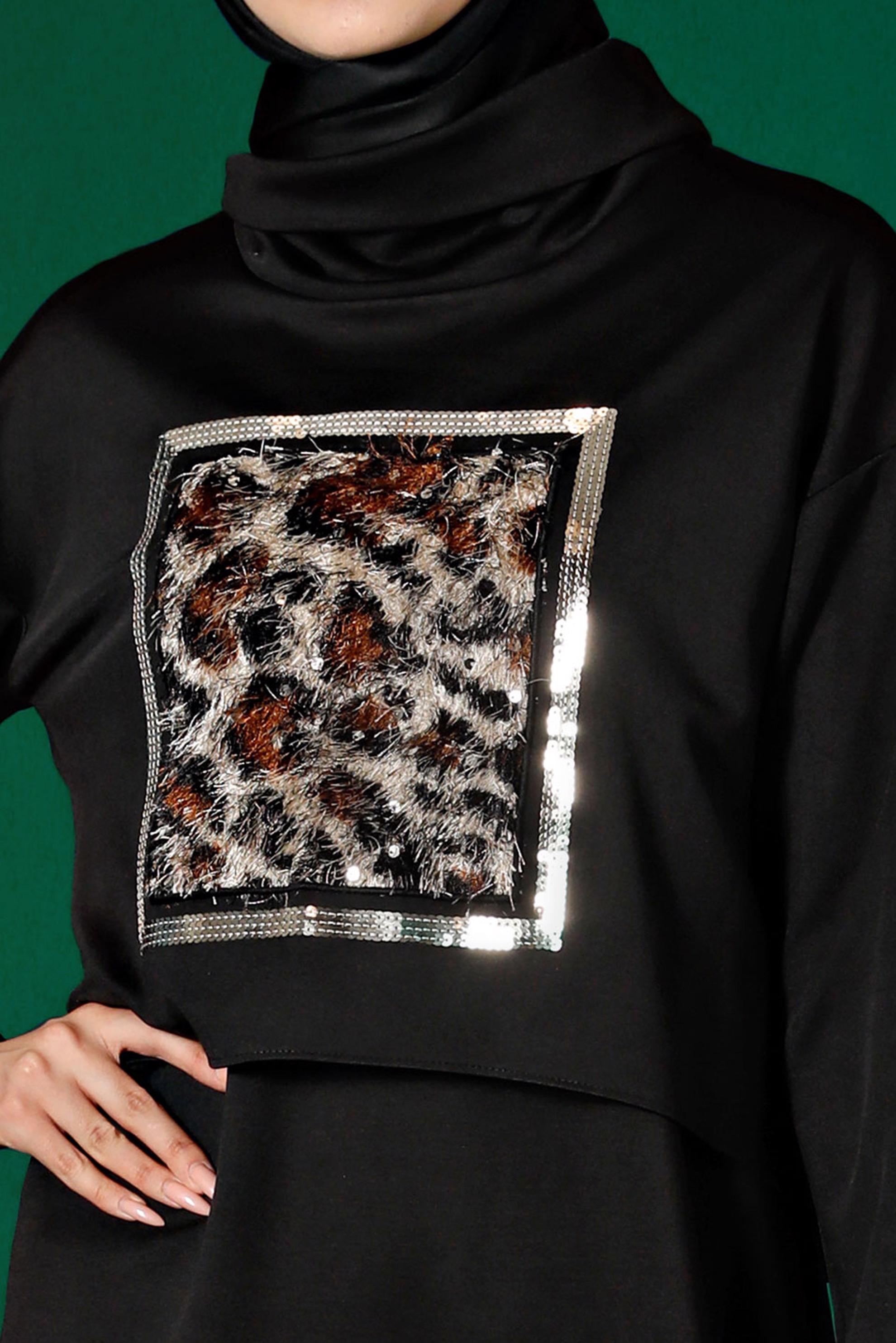 Hijab clothing BLACK LEOPARD PATTERN DETAIL 2-PIECE DRESS SUIT 43319