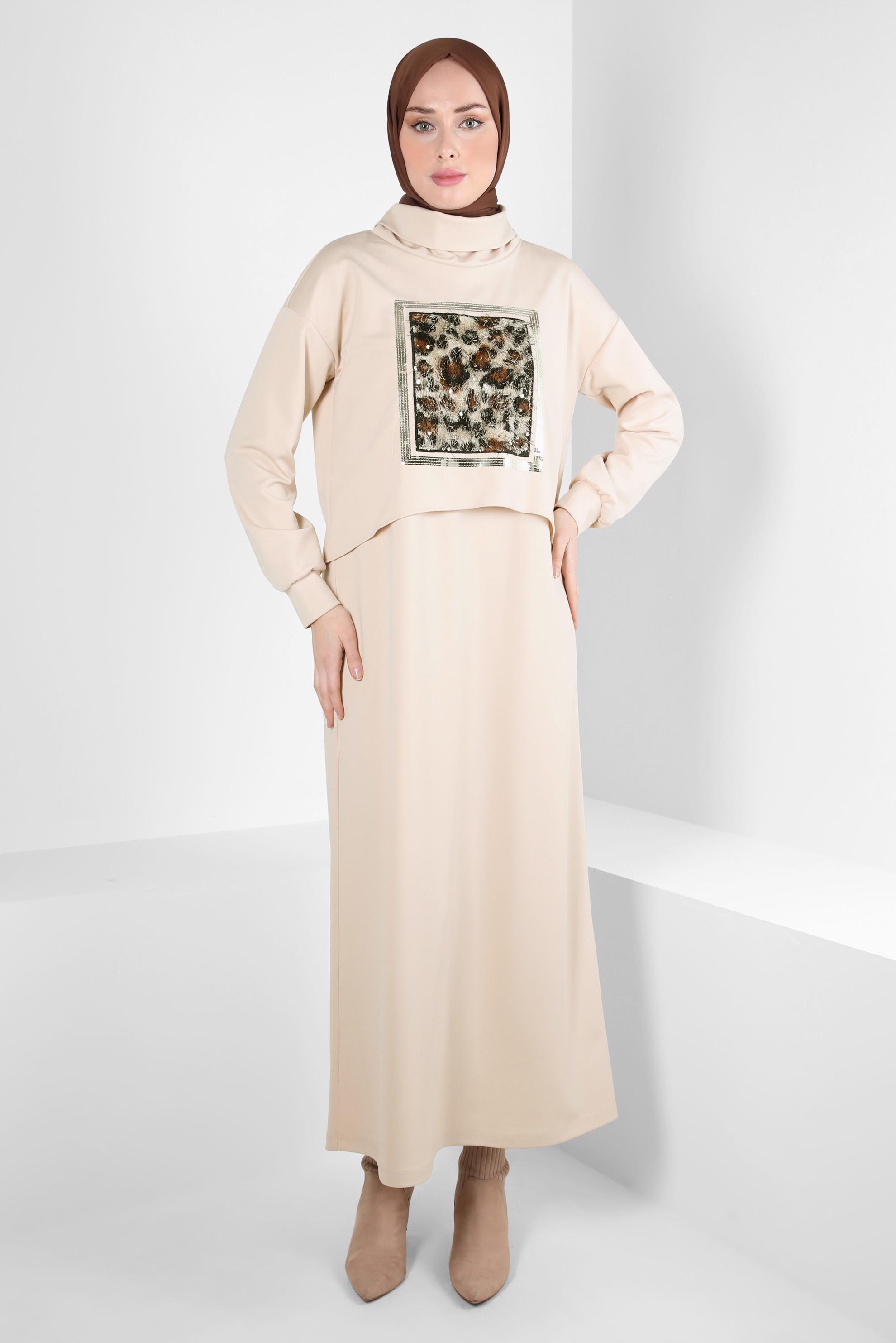 Tesettür giyim BEJ LEOPAR DESEN DETAYLI İKİLİ ELBİSE 43319