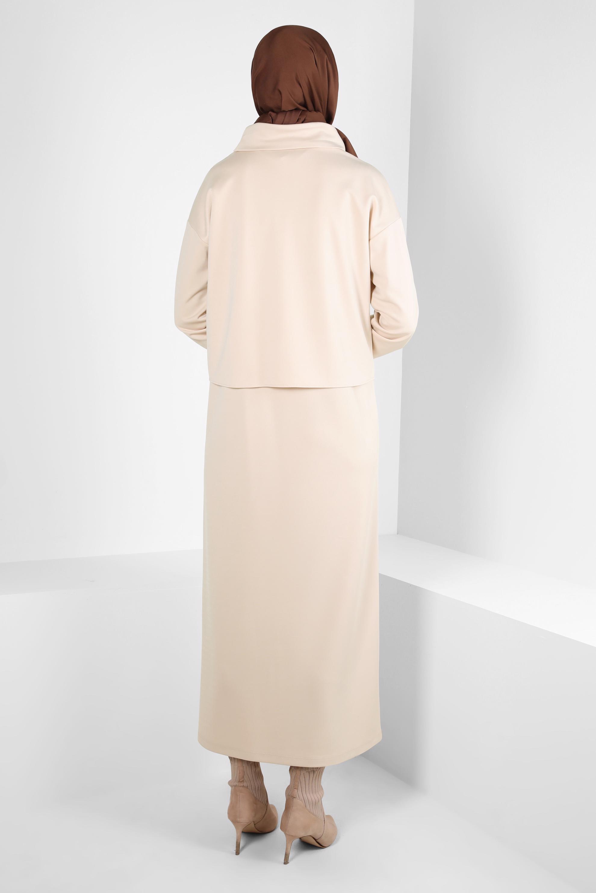 Tesettür giyim BEJ LEOPAR DESEN DETAYLI İKİLİ ELBİSE 43319