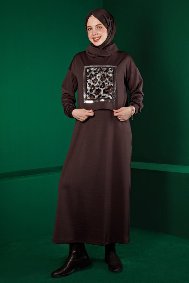 Vêtements hijab BRUN ENSEMBLE ROBE 2 PIÈCES DÉTAIL MOTIF LÉOPARD 43319 - ALVİNA
