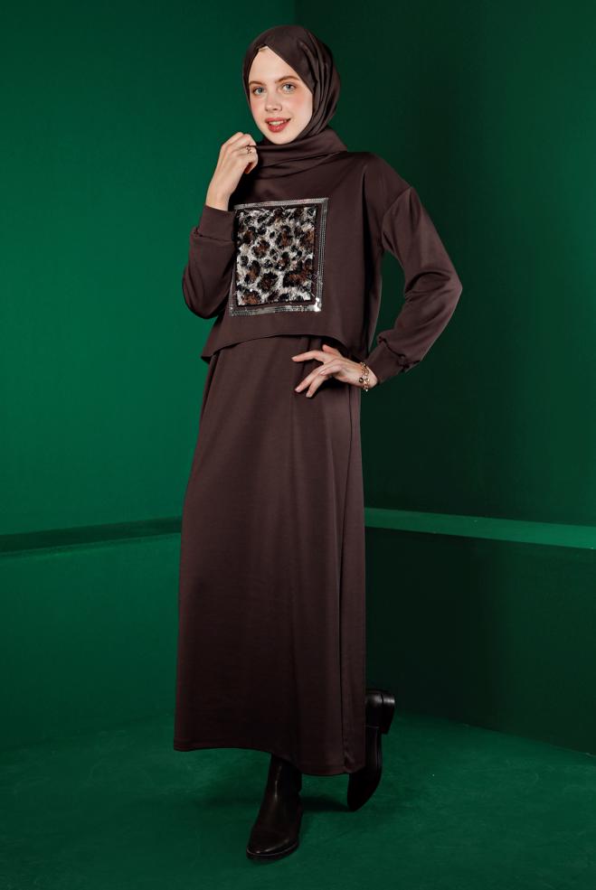 Vêtements hijab BRUN ENSEMBLE ROBE 2 PIÈCES DÉTAIL MOTIF LÉOPARD 43319 - ALVİNA