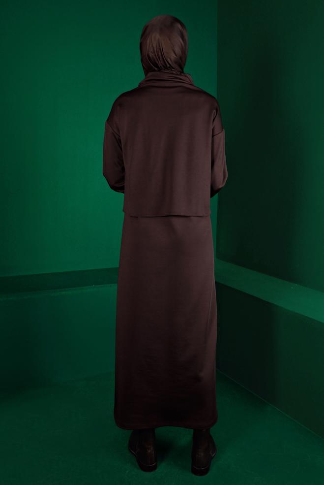 Vêtements hijab BRUN ENSEMBLE ROBE 2 PIÈCES DÉTAIL MOTIF LÉOPARD 43319 - ALVİNA