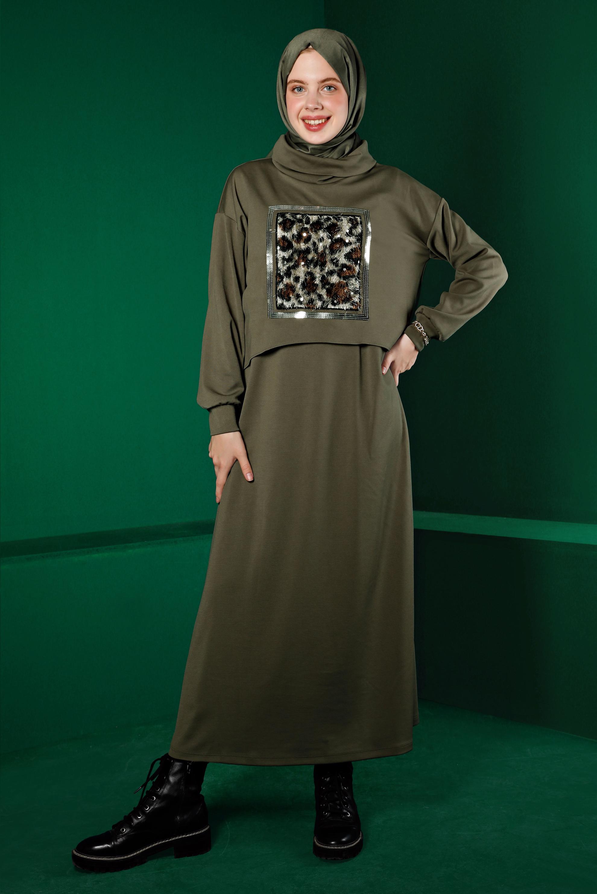 Hijab clothing KHAKI LEOPARD PATTERN DETAIL 2-PIECE DRESS SUIT 43319