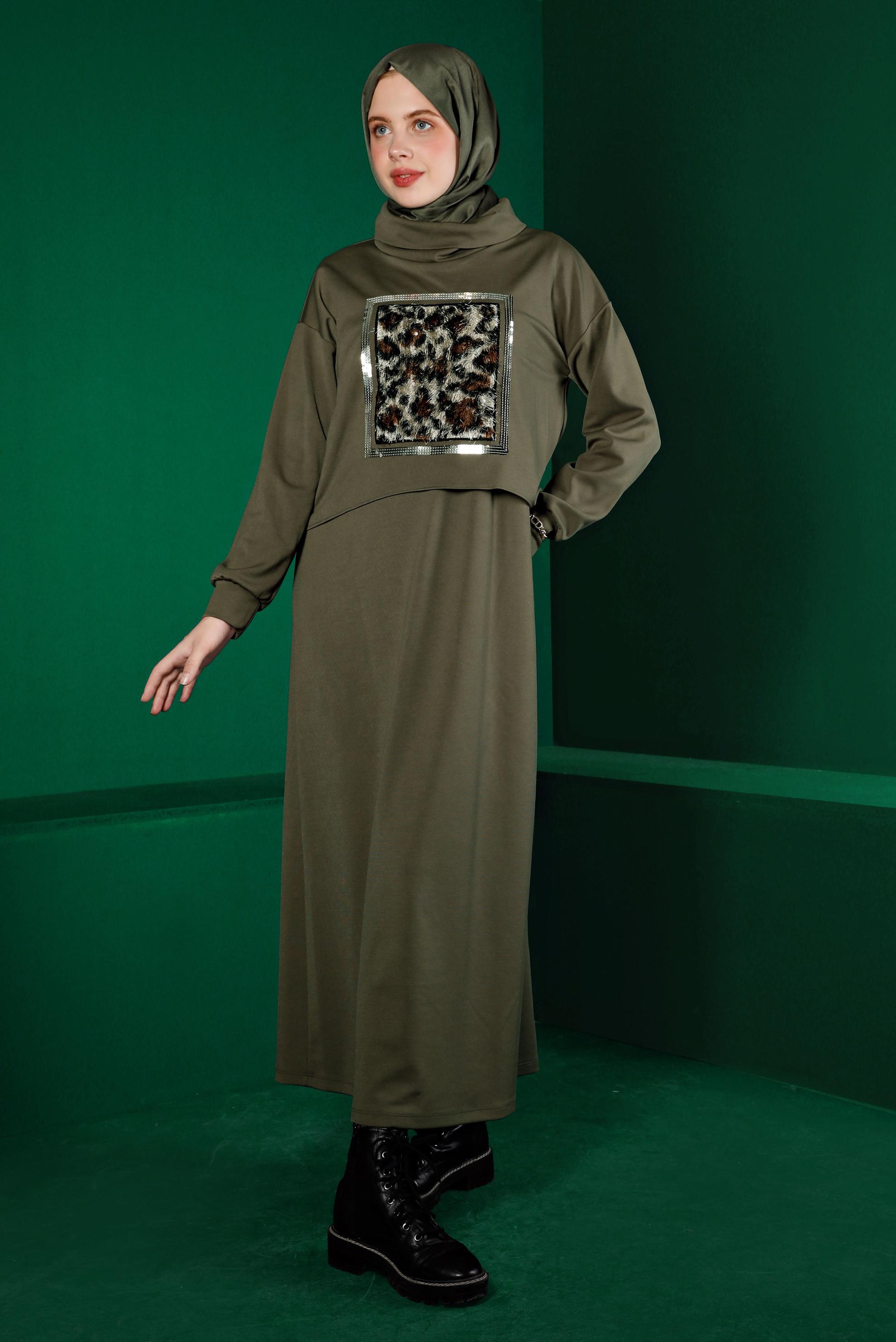 Hijab clothing KHAKI LEOPARD PATTERN DETAIL 2-PIECE DRESS SUIT 43319