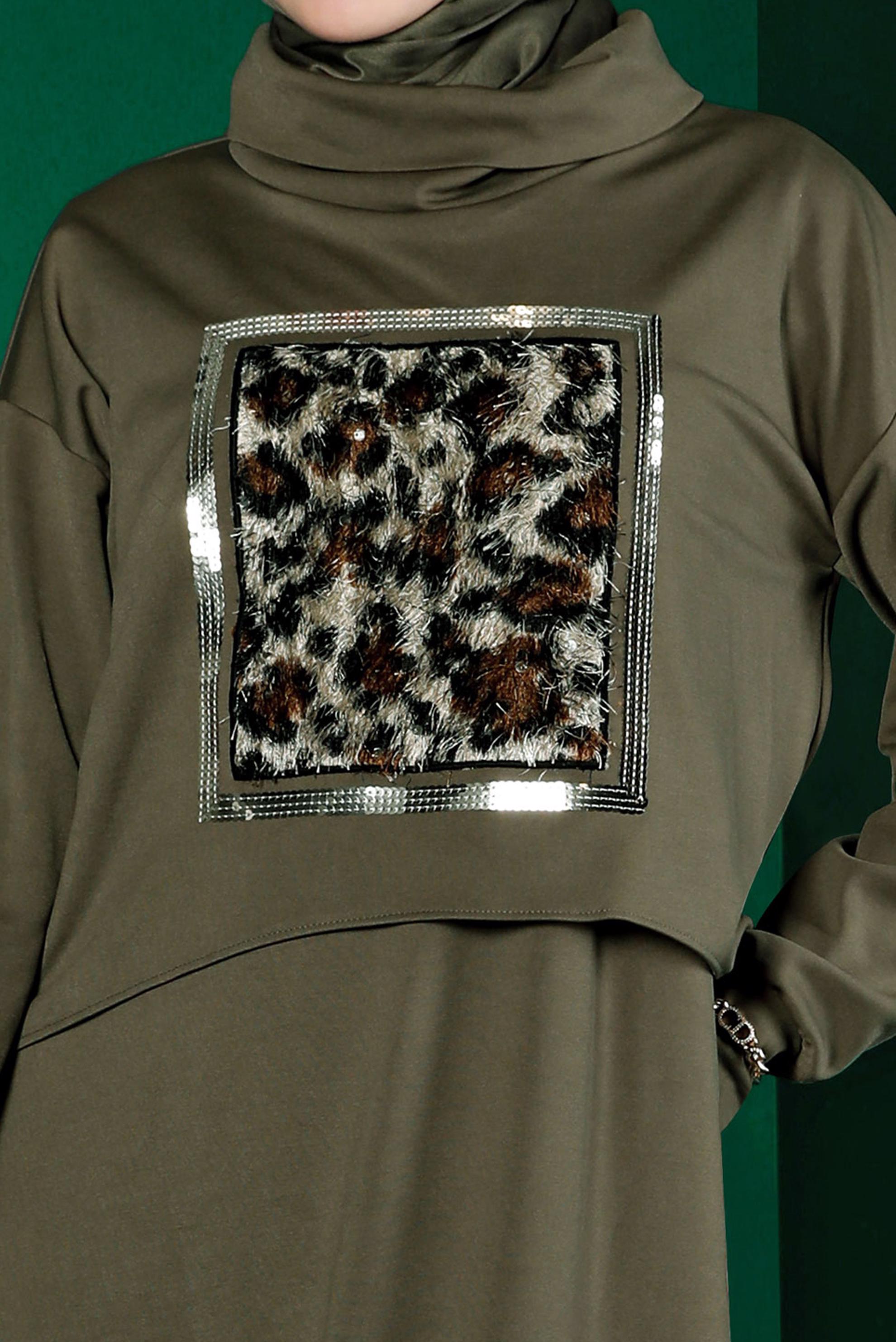 Hijab clothing KHAKI LEOPARD PATTERN DETAIL 2-PIECE DRESS SUIT 43319