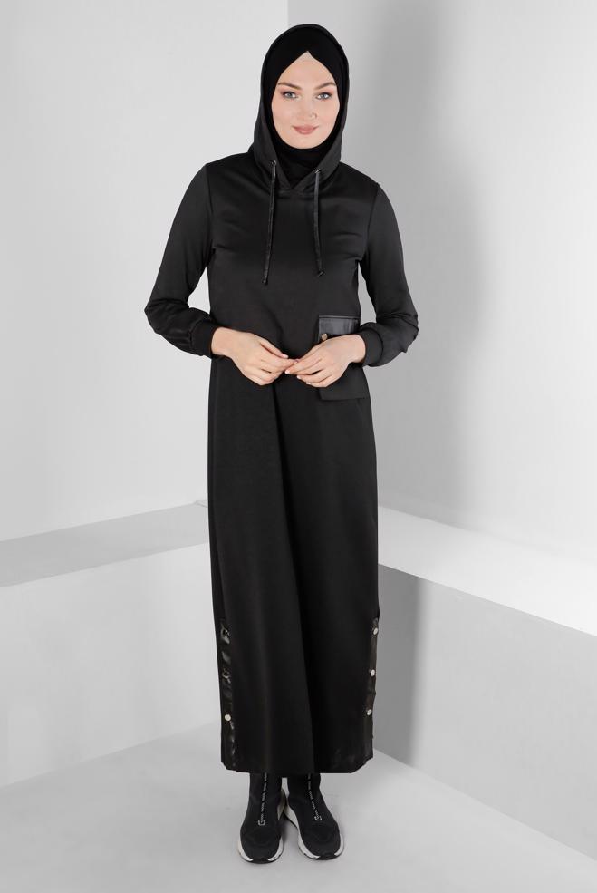 Hijab clothing BLACK HOODED 2-PIECE DRESS SUIT WITH POCKET 43320 - ALVİNA