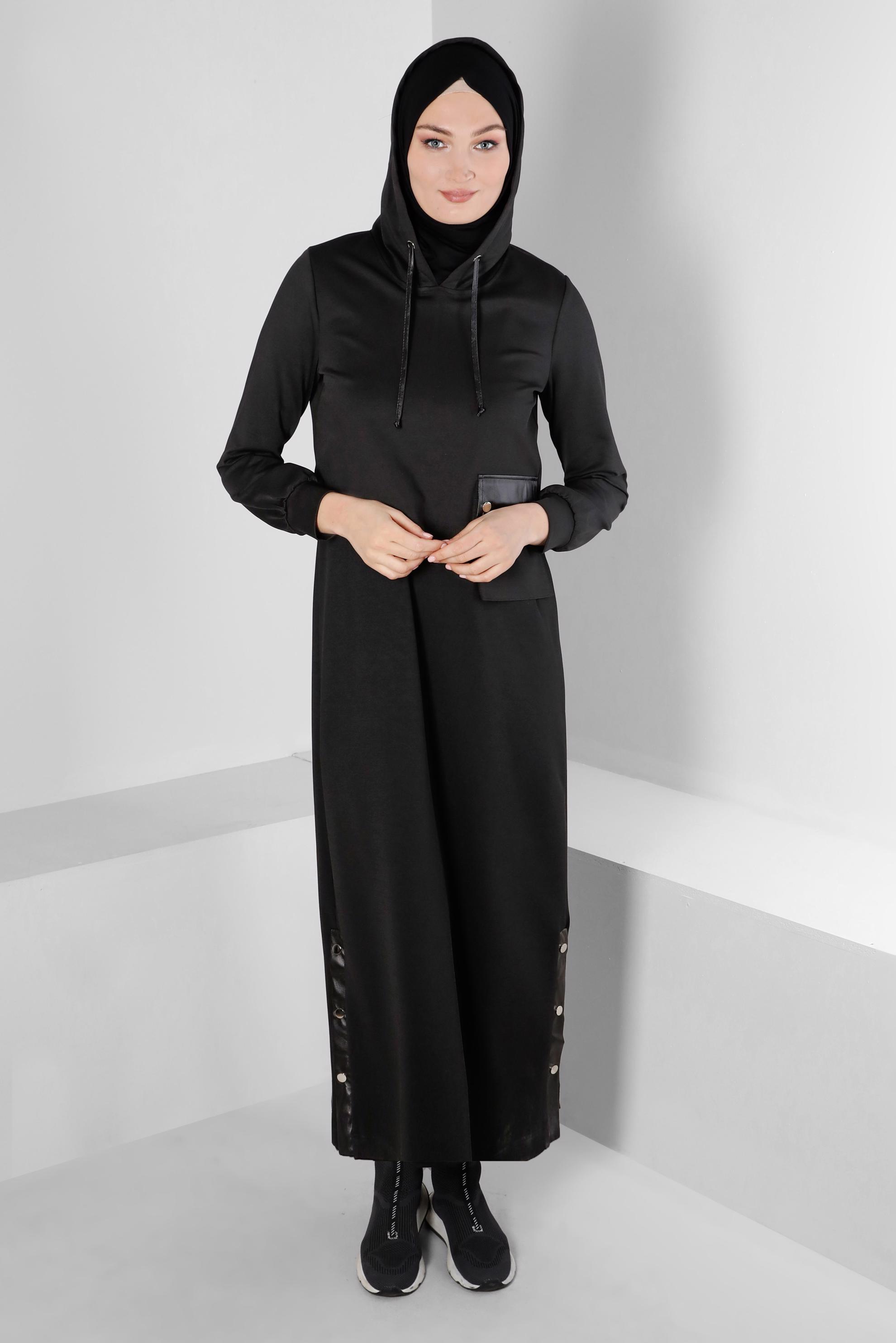 Vêtements hijab NOIR ENSEMBLE 2 PIÈCES À CAPUCHE AVEC POCHE 43320