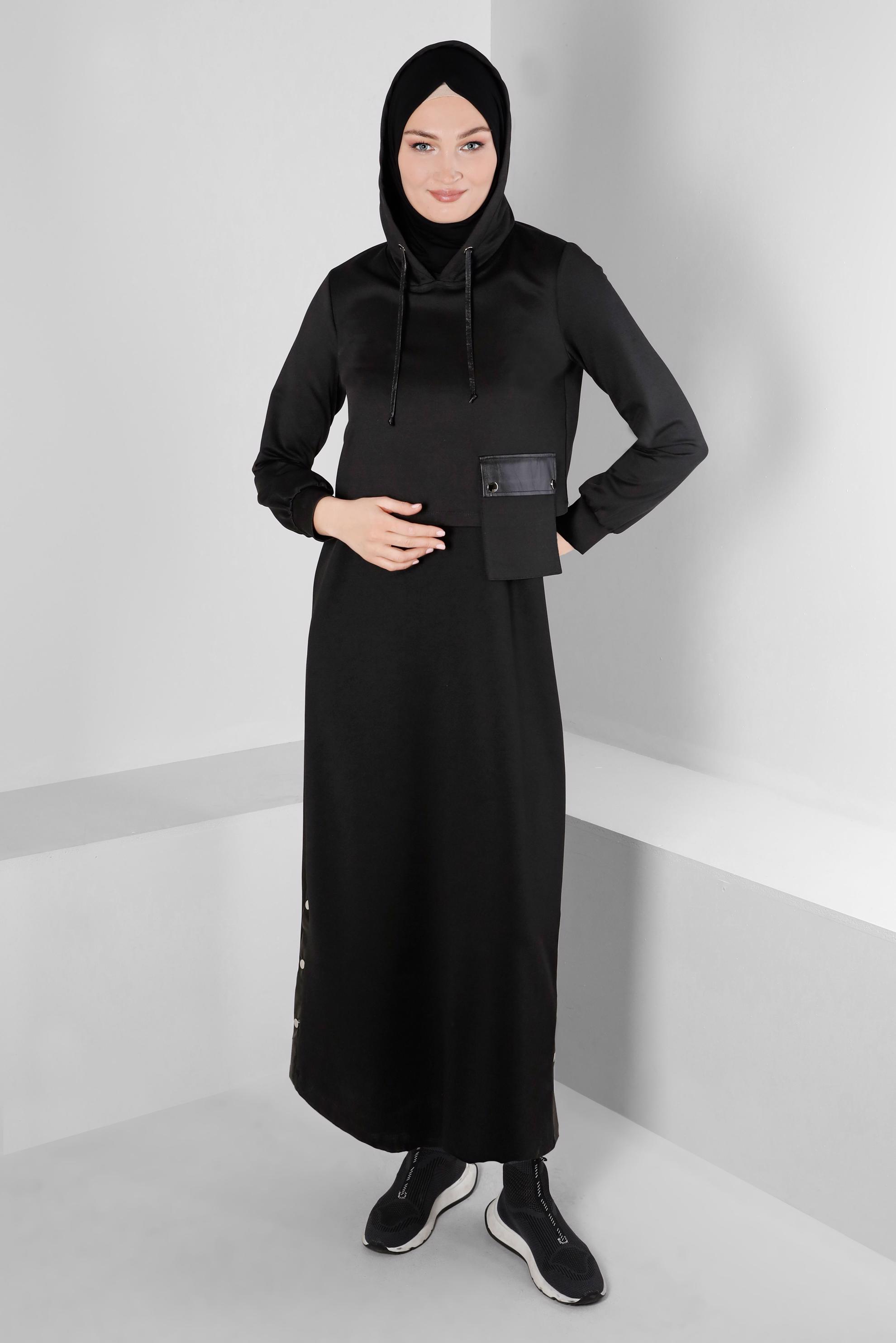 Vêtements hijab NOIR ENSEMBLE 2 PIÈCES À CAPUCHE AVEC POCHE 43320