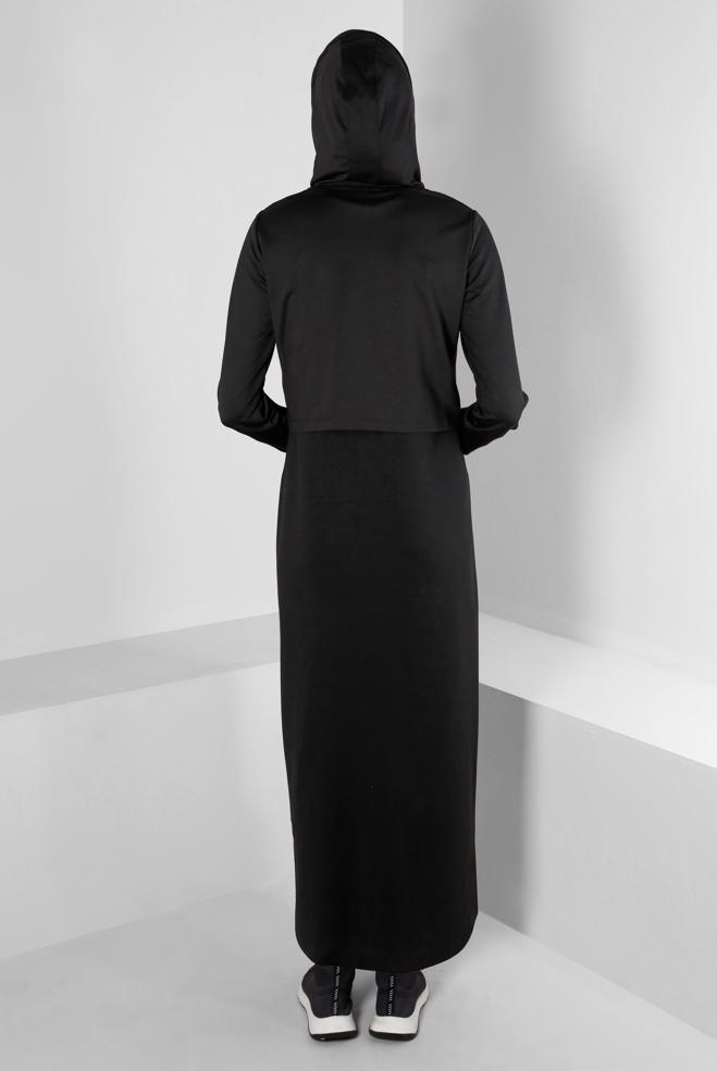 Hijab clothing BLACK HOODED 2-PIECE DRESS SUIT WITH POCKET 43320 - ALVİNA