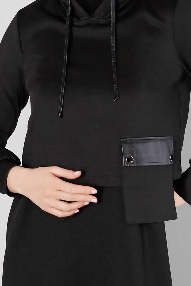 Hijab clothing BLACK HOODED 2-PIECE DRESS SUIT WITH POCKET 43320 - ALVİNA