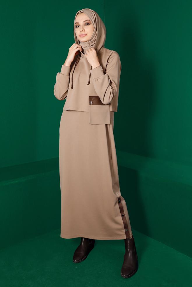 Vêtements hijab BEIGE ENSEMBLE 2 PIÈCES À CAPUCHE AVEC POCHE 43320 - ALVİNA