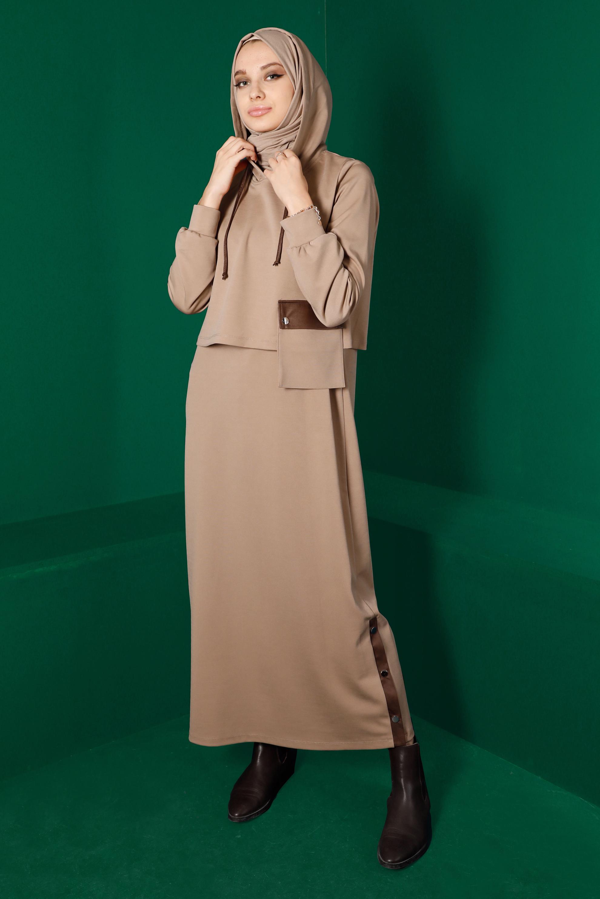 Hijab clothing BEIGE HOODED 2-PIECE DRESS SUIT WITH POCKET 43320