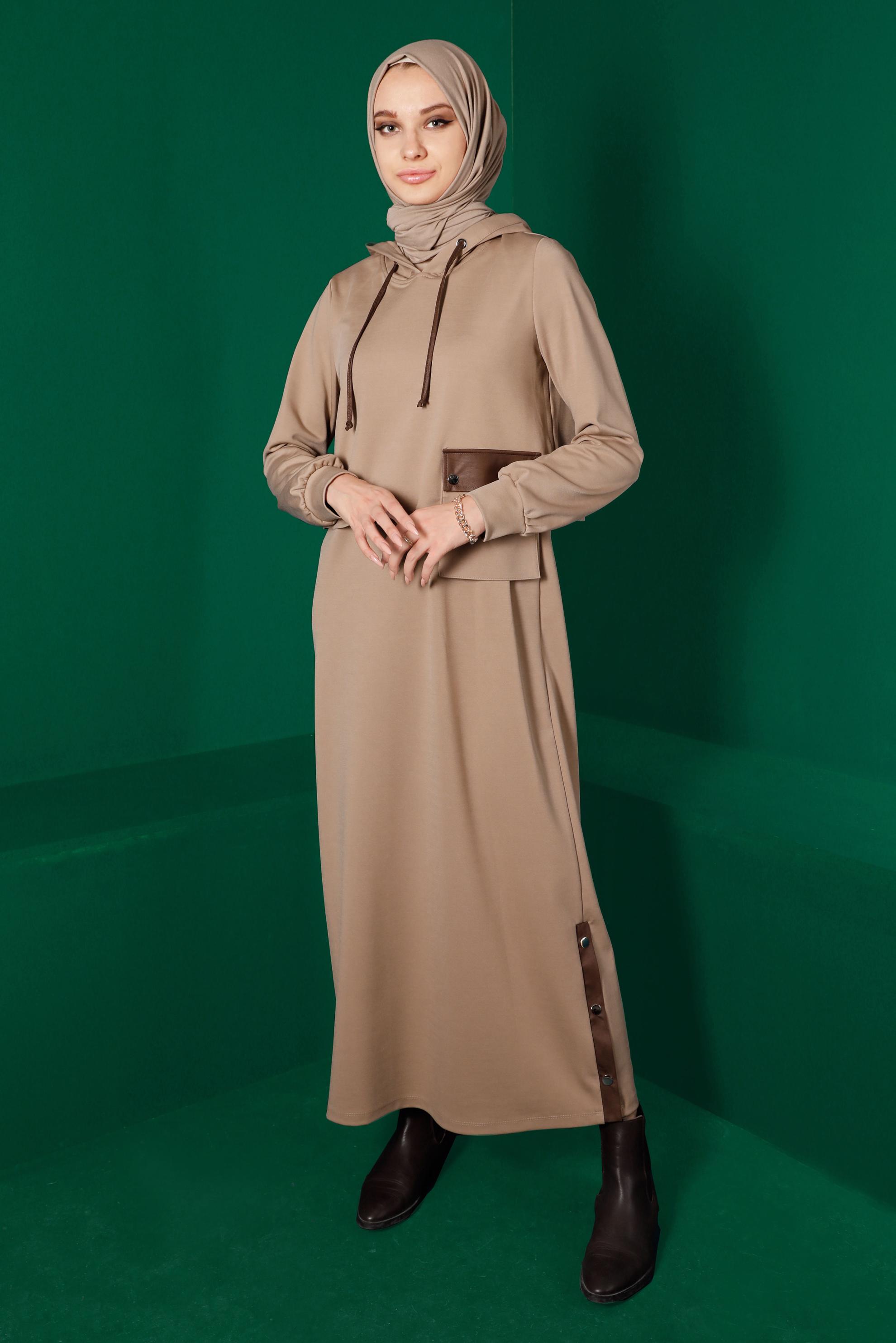 Hijab clothing BEIGE HOODED 2-PIECE DRESS SUIT WITH POCKET 43320