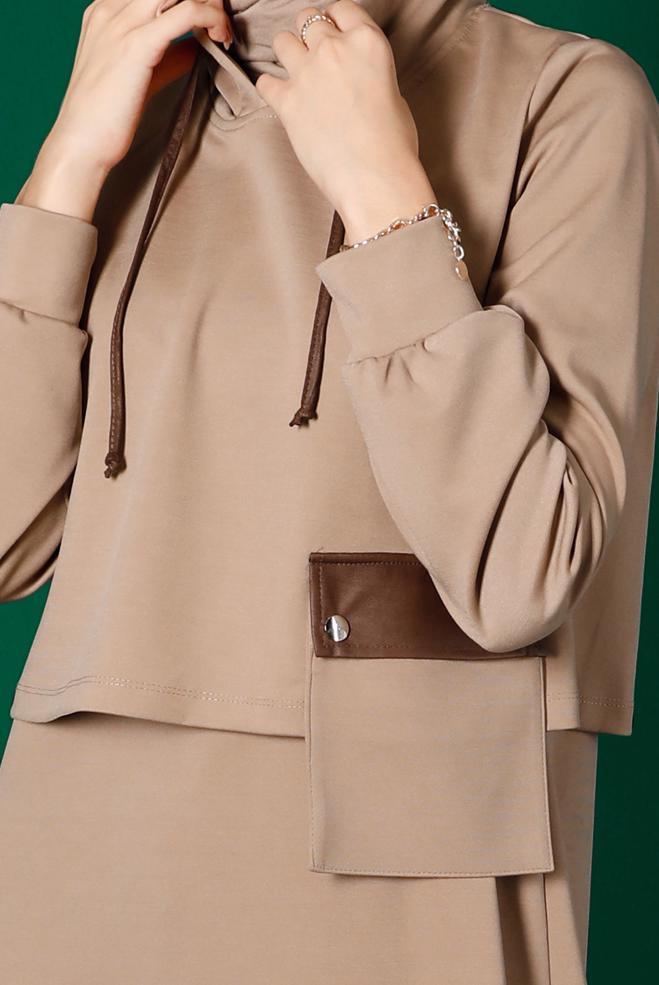 Vêtements hijab BEIGE ENSEMBLE 2 PIÈCES À CAPUCHE AVEC POCHE 43320 - ALVİNA