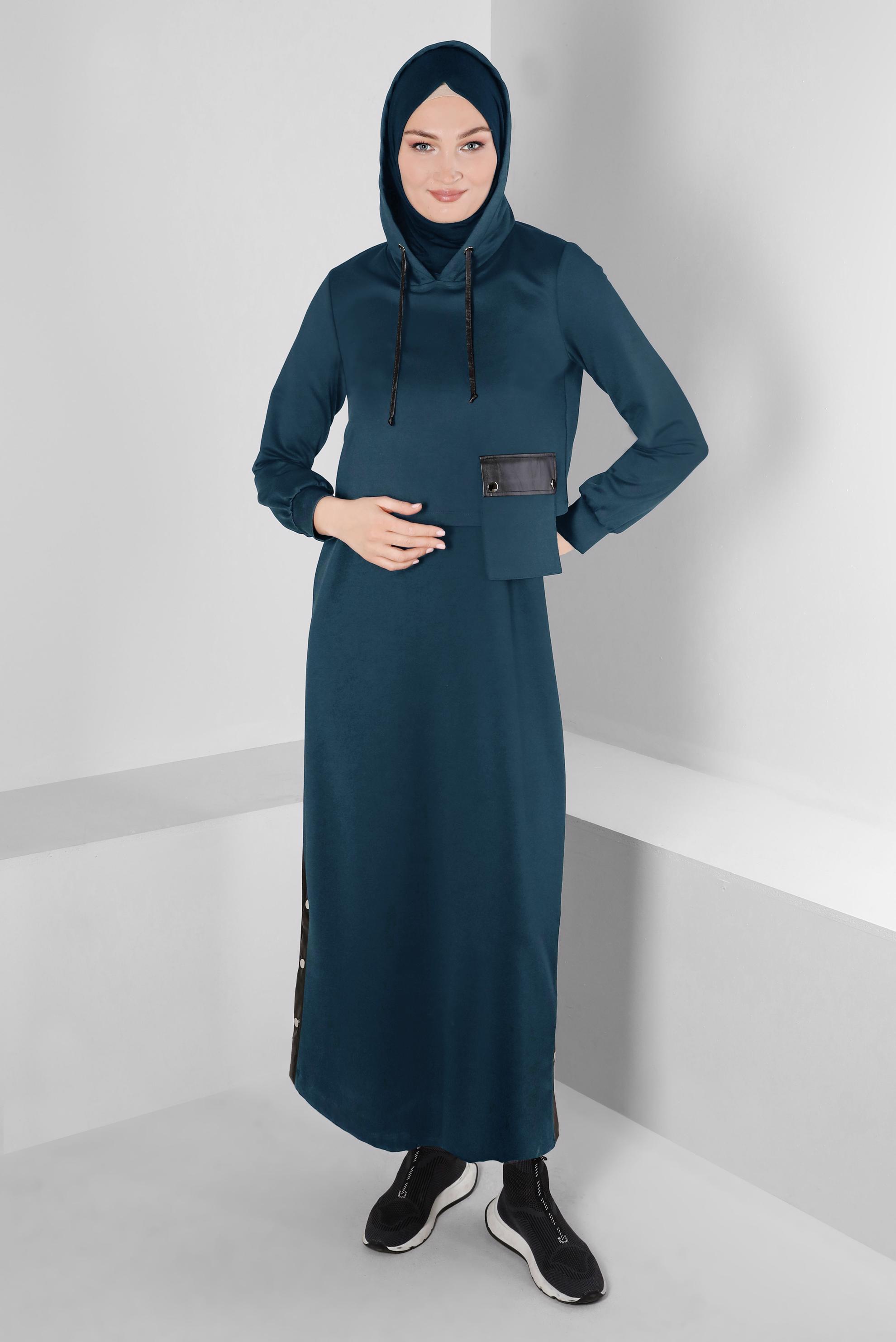 Hijab clothing NAVY BLUE HOODED 2-PIECE DRESS SUIT WITH POCKET 43320