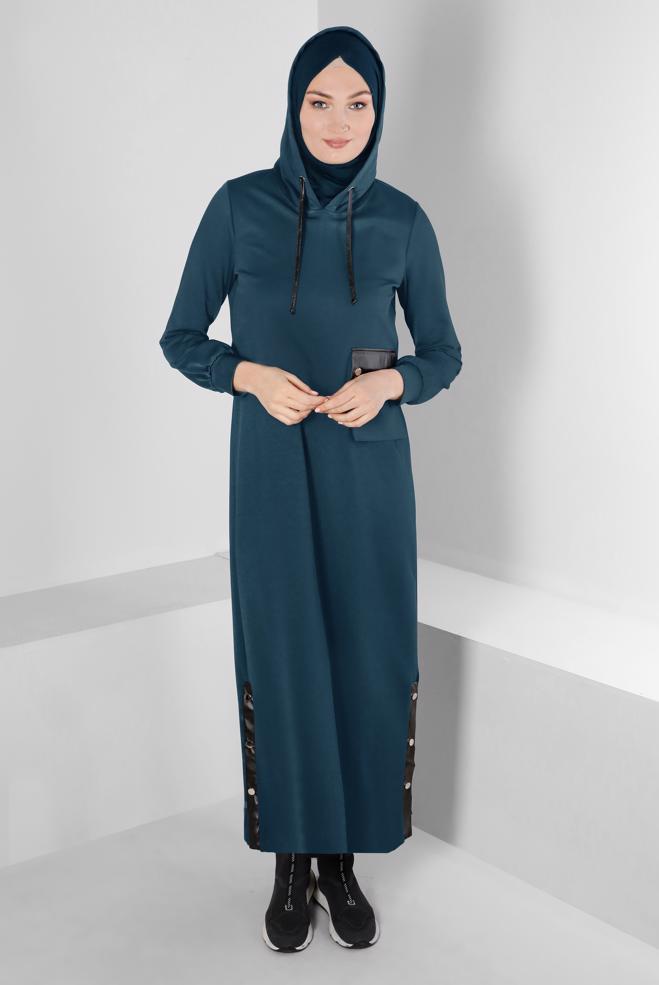 Hijab clothing NAVY BLUE HOODED 2-PIECE DRESS SUIT WITH POCKET 43320 - ALVİNA
