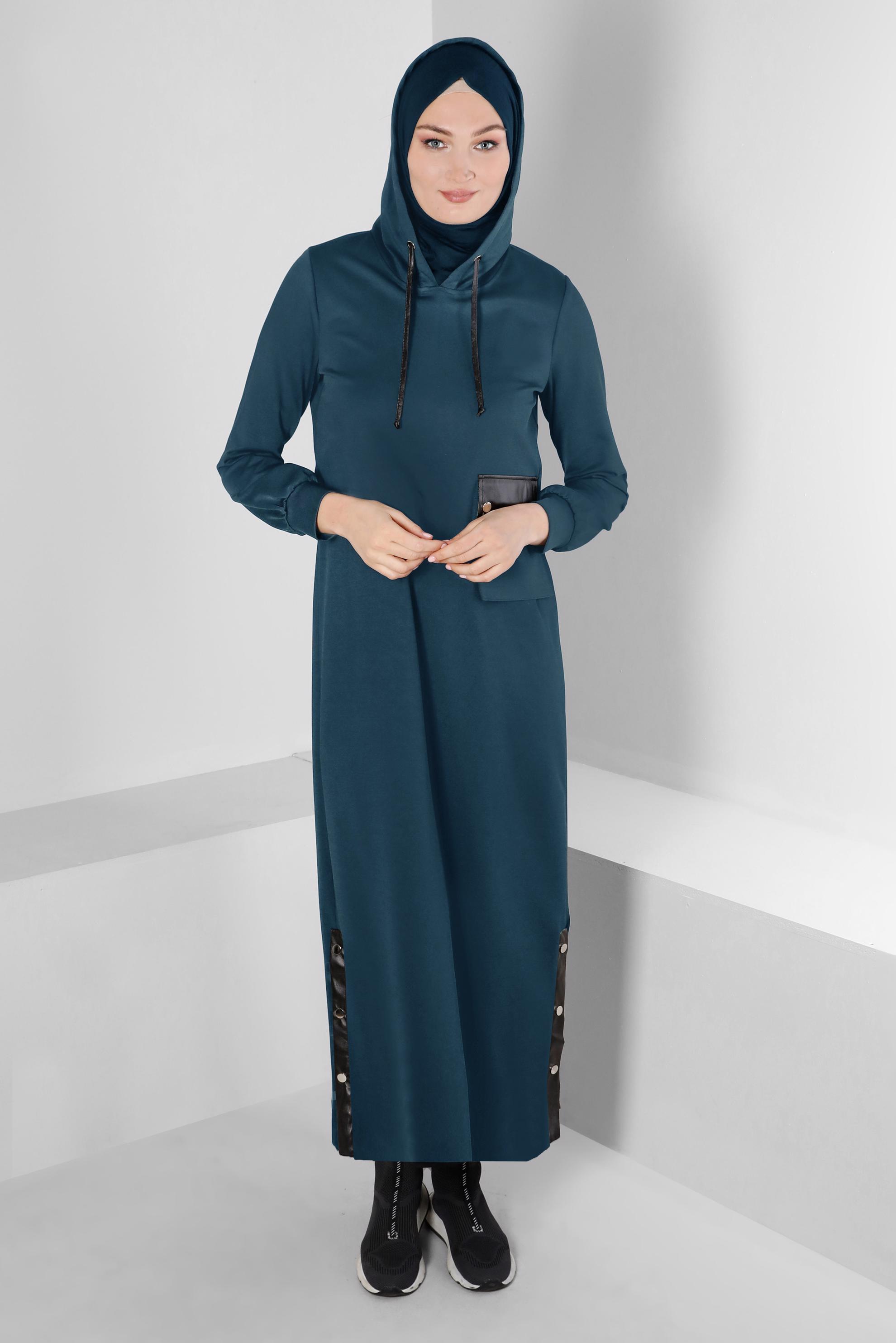Hijab clothing NAVY BLUE HOODED 2-PIECE DRESS SUIT WITH POCKET 43320