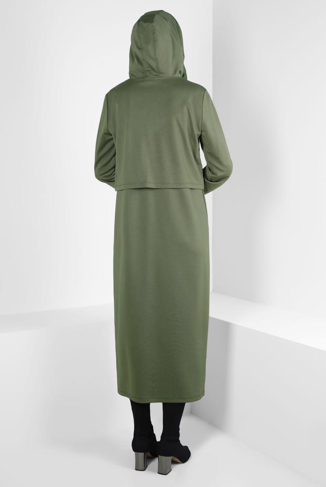Tesettür giyim HAKİ KAPÜŞONLU CEPLİ İKİLİ ELBİSE 43320 - ALVİNA