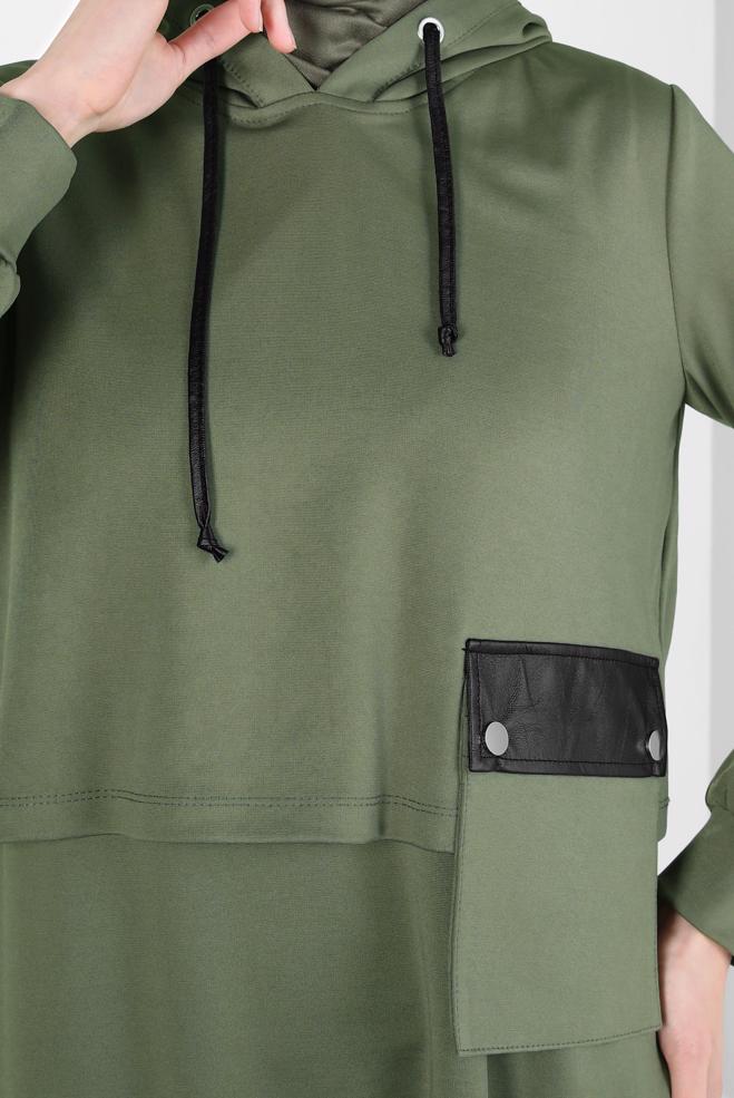 Tesettür giyim HAKİ KAPÜŞONLU CEPLİ İKİLİ ELBİSE 43320 - ALVİNA