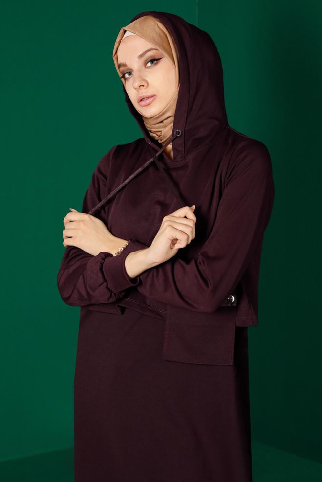 Hijab clothing CLARET RED HOODED 2-PIECE DRESS SUIT WITH POCKET 43320 - ALVİNA