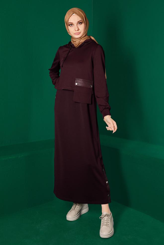 Hijab clothing CLARET RED HOODED 2-PIECE DRESS SUIT WITH POCKET 43320 - ALVİNA