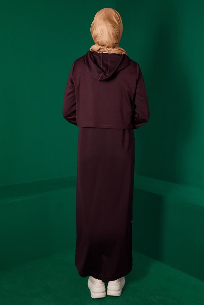 Hijab clothing CLARET RED HOODED 2-PIECE DRESS SUIT WITH POCKET 43320 - ALVİNA