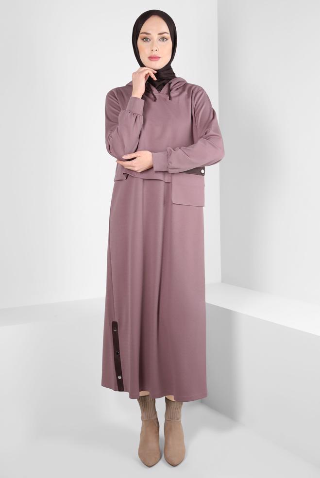 Tesettür giyim PEMBE KAPÜŞONLU CEPLİ İKİLİ ELBİSE 43320 - ALVİNA