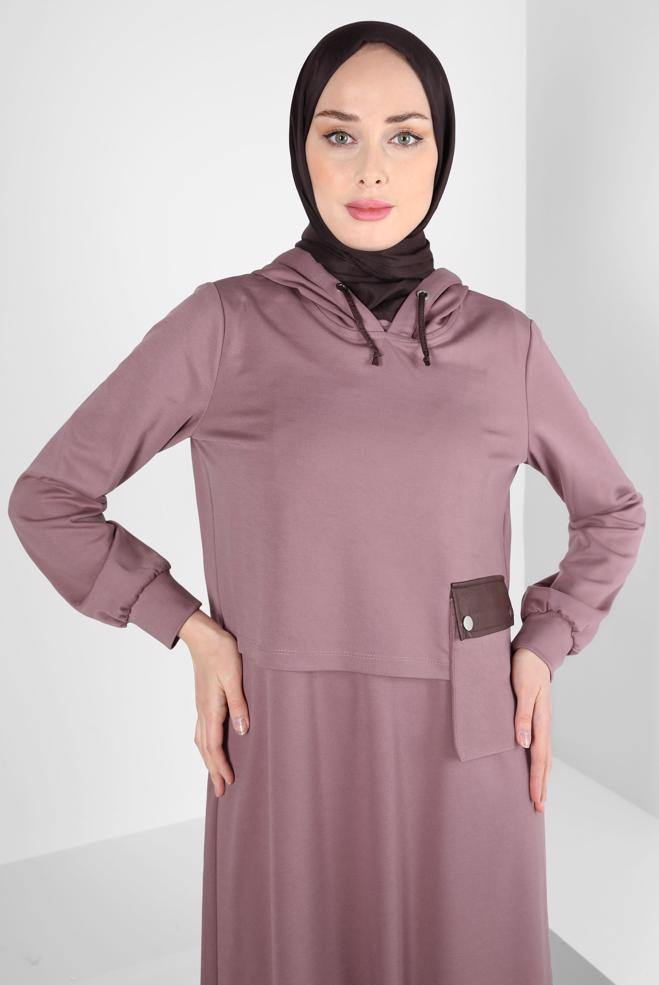 Tesettür giyim PEMBE KAPÜŞONLU CEPLİ İKİLİ ELBİSE 43320 - ALVİNA