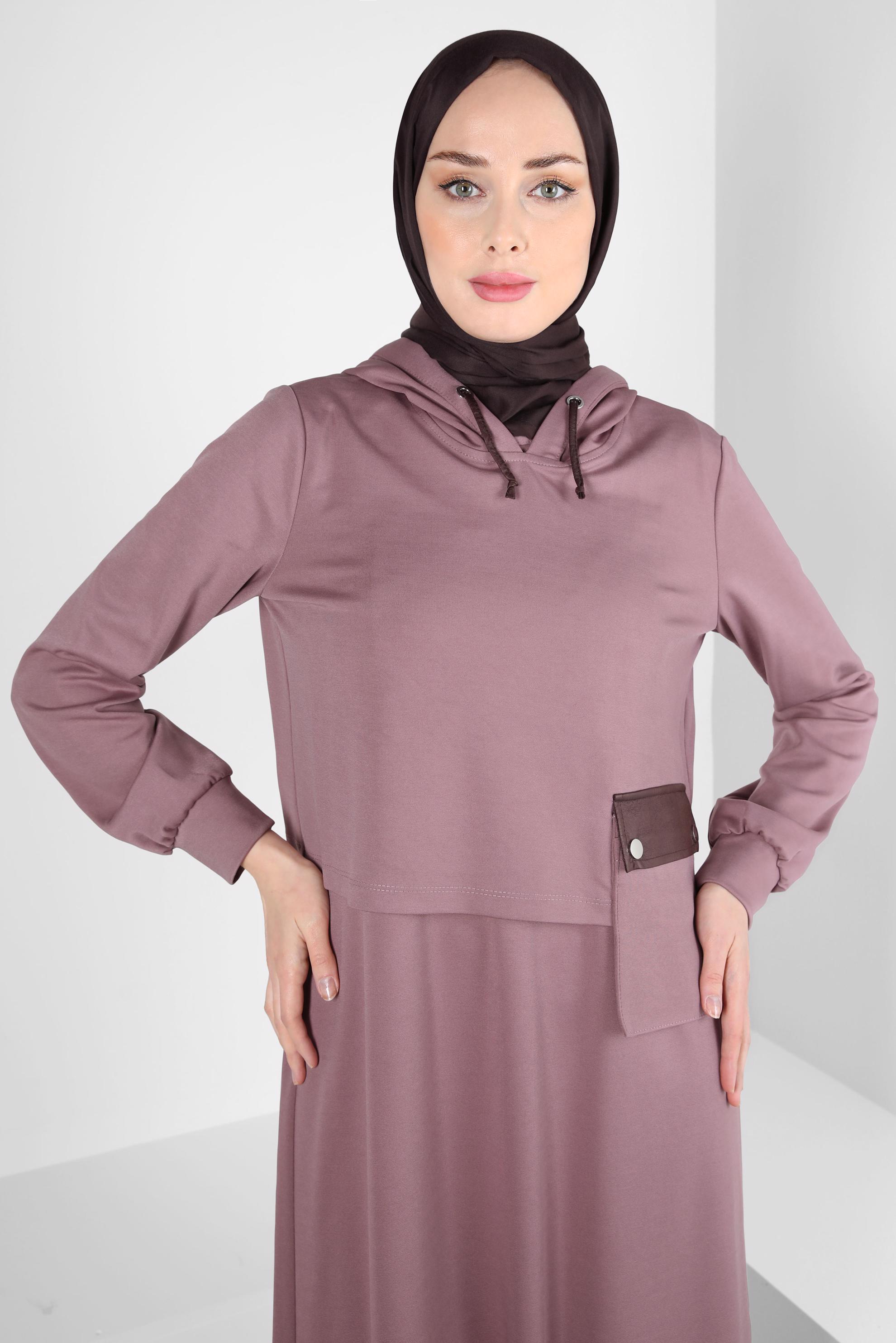 Tesettür giyim PEMBE KAPÜŞONLU CEPLİ İKİLİ ELBİSE 43320