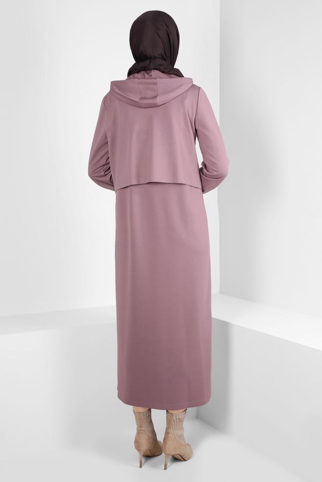Tesettür giyim PEMBE KAPÜŞONLU CEPLİ İKİLİ ELBİSE 43320 - ALVİNA