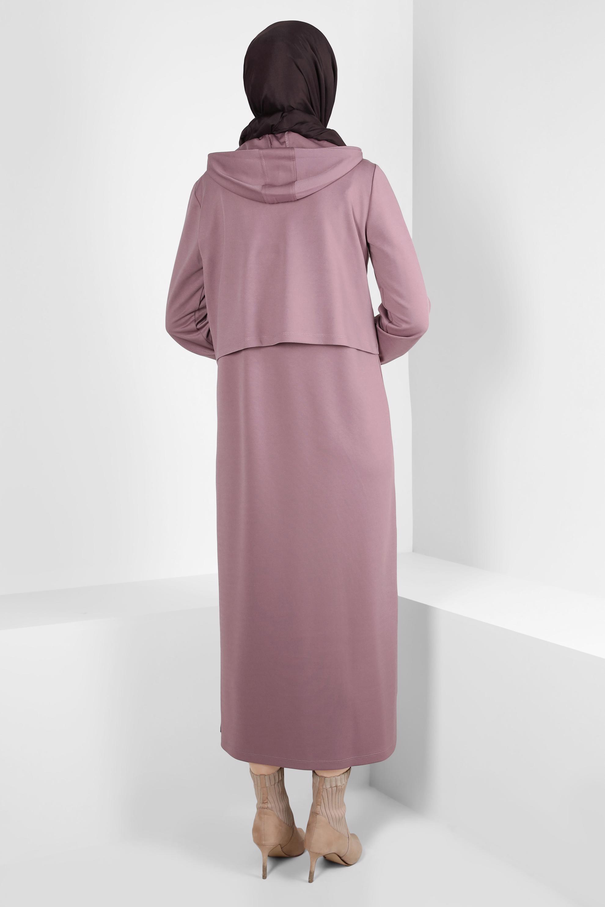 Tesettür giyim PEMBE KAPÜŞONLU CEPLİ İKİLİ ELBİSE 43320