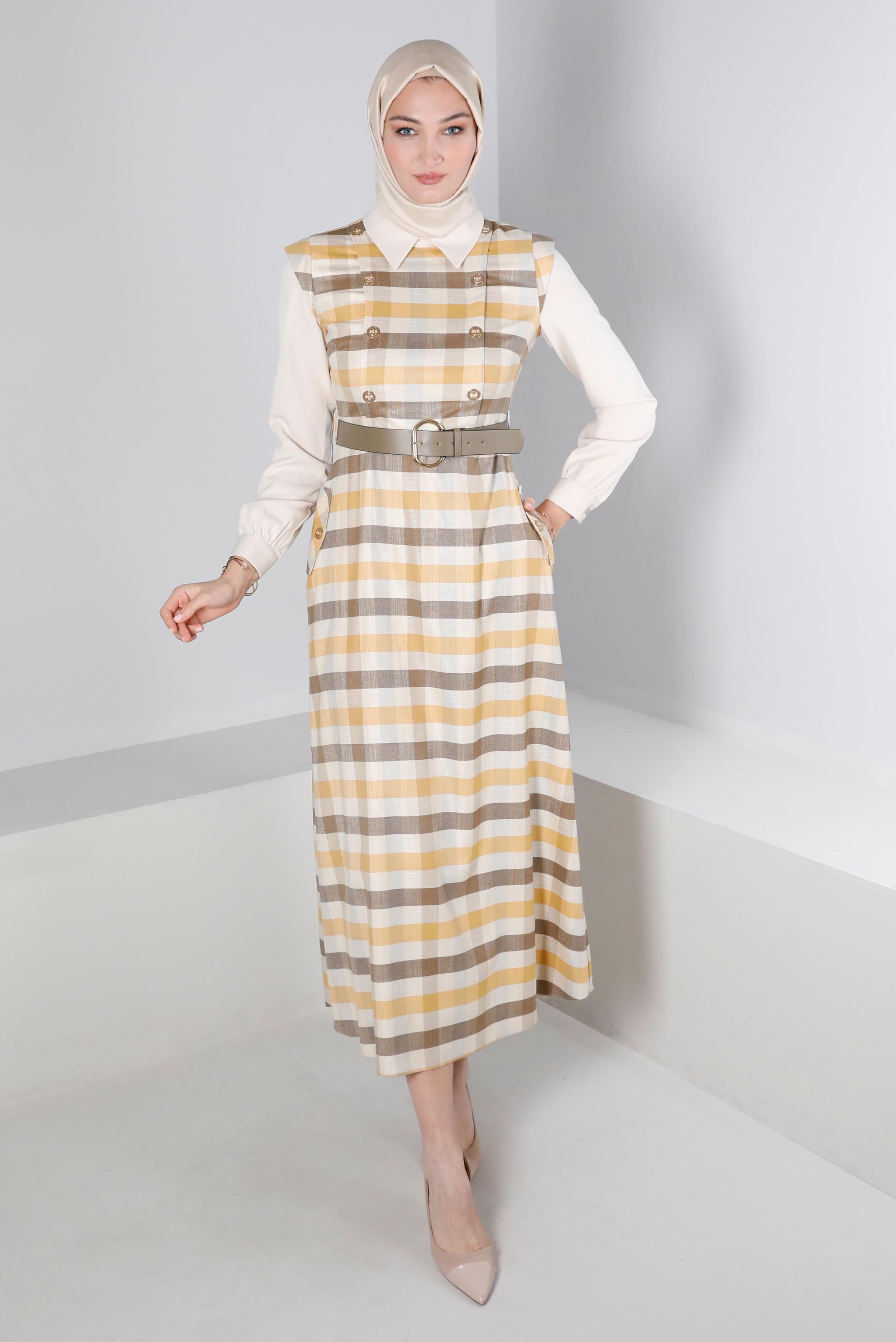 Tesettür giyim SARI KARELİ DÜĞME DETAYLI ELBİSE 43326 