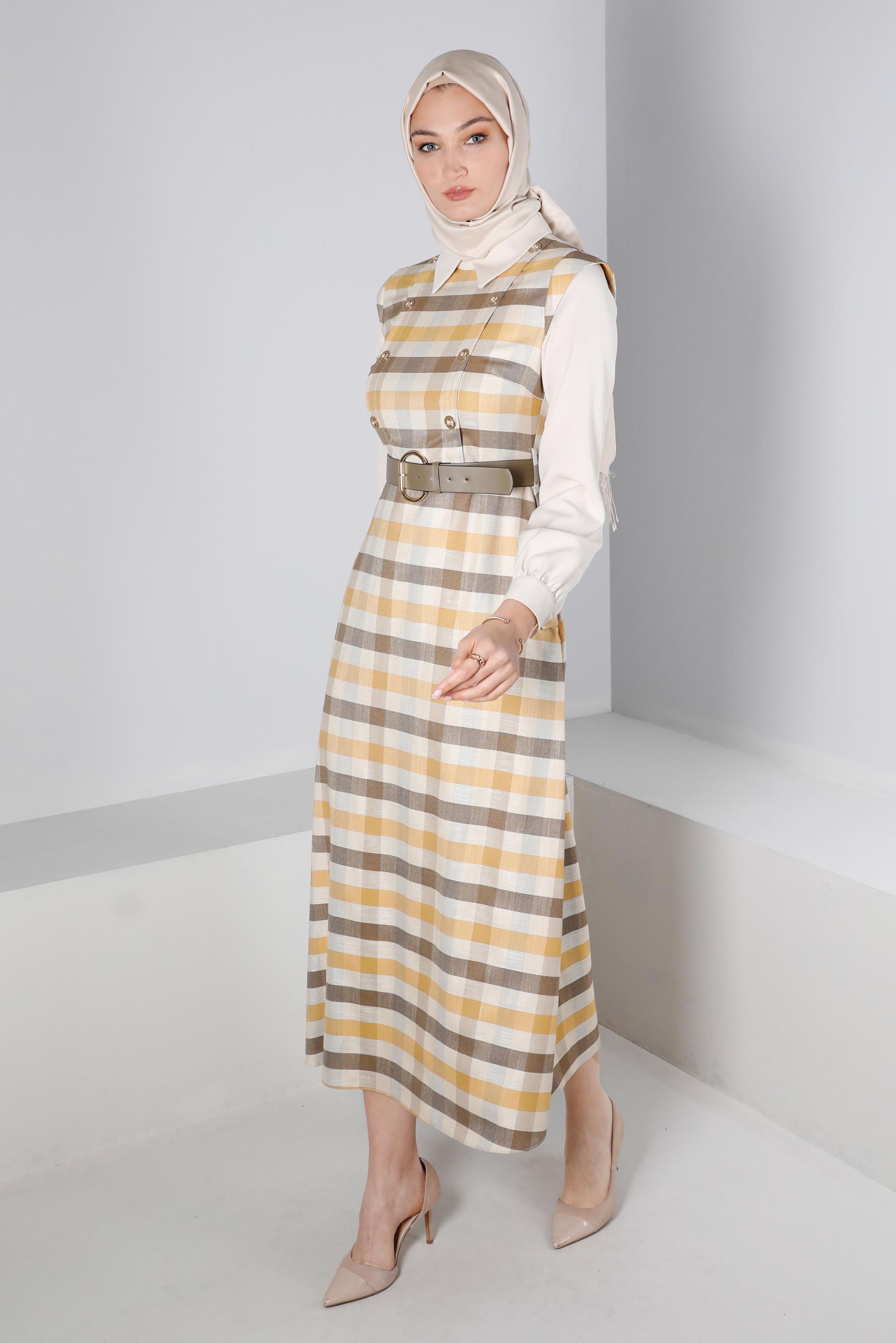 Tesettür giyim SARI KARELİ DÜĞME DETAYLI ELBİSE 43326 