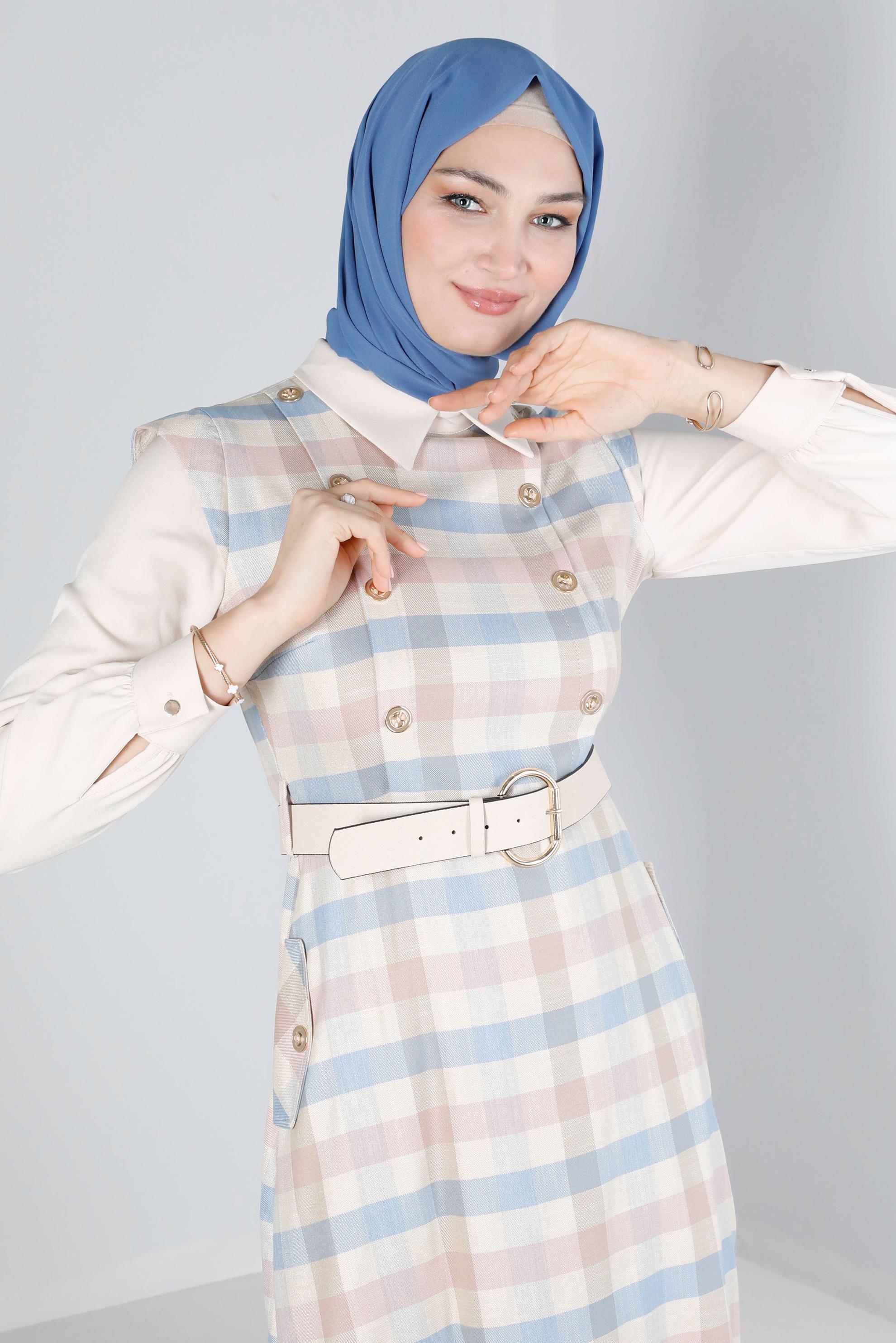 Tesettür giyim PUDRA KARELİ DÜĞME DETAYLI ELBİSE 43326 