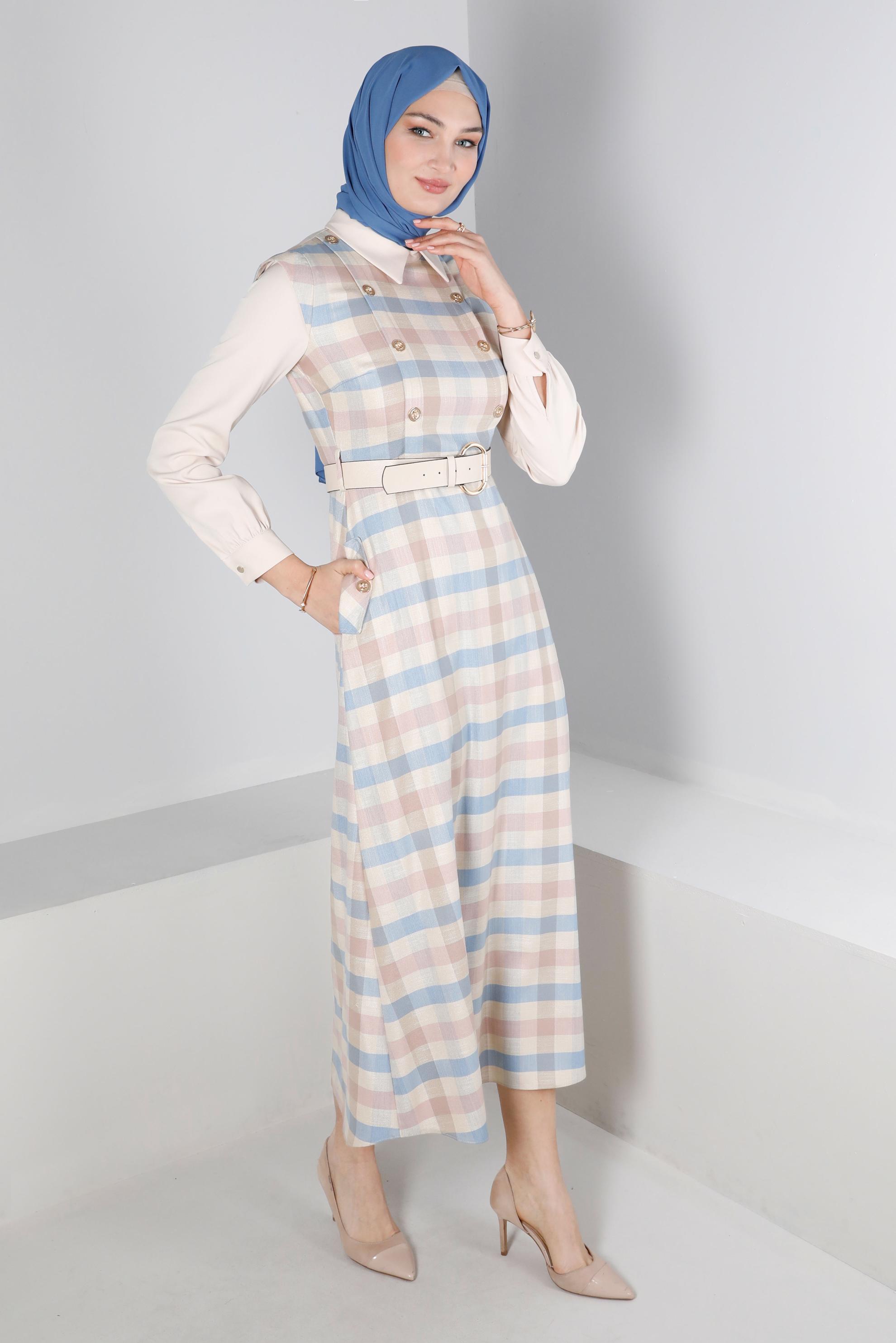 Tesettür giyim PUDRA KARELİ DÜĞME DETAYLI ELBİSE 43326 